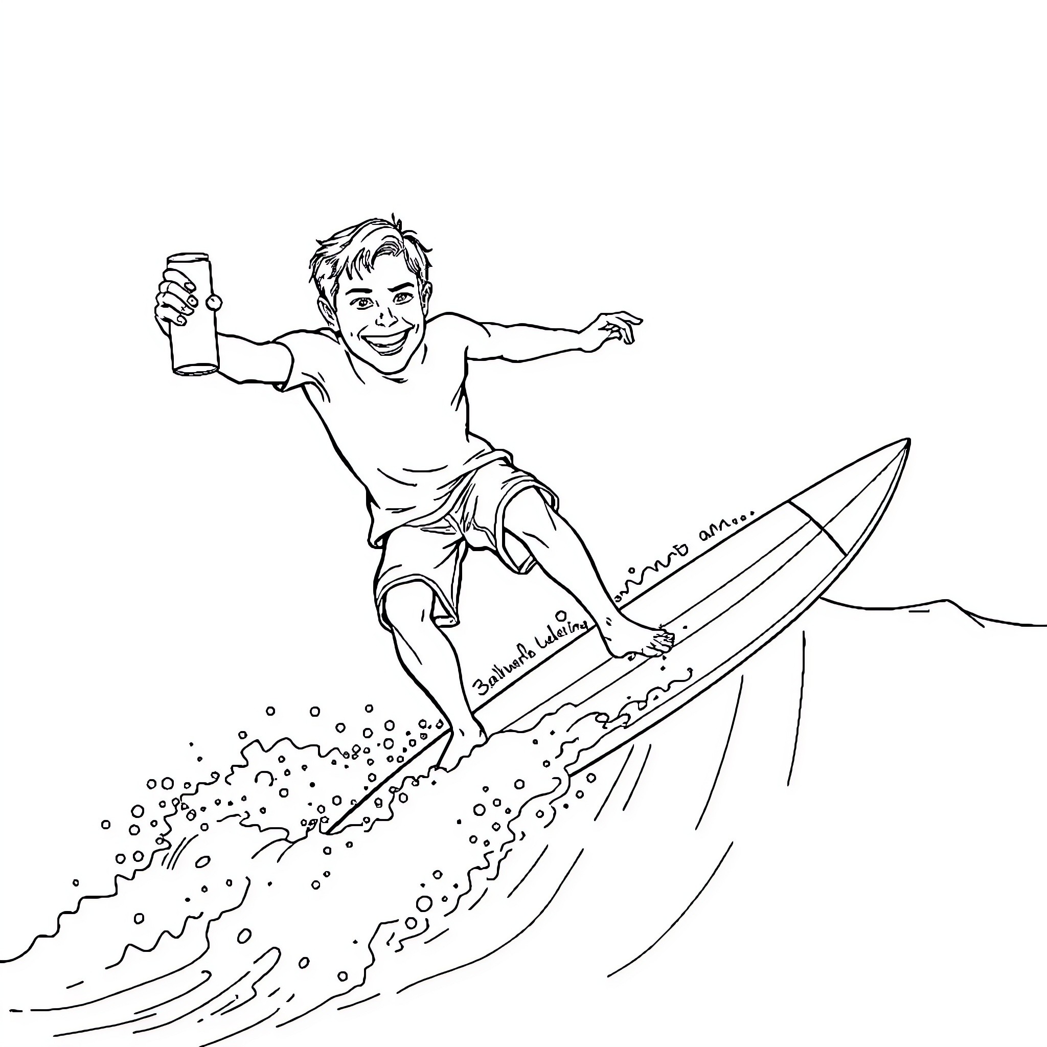 Heath Ledger surfing in the waves with a smile Coloring Page (free black-and-white line drawing printable PDF for all, from beginners to advanced learners, including children, teens, adults, and seniors)