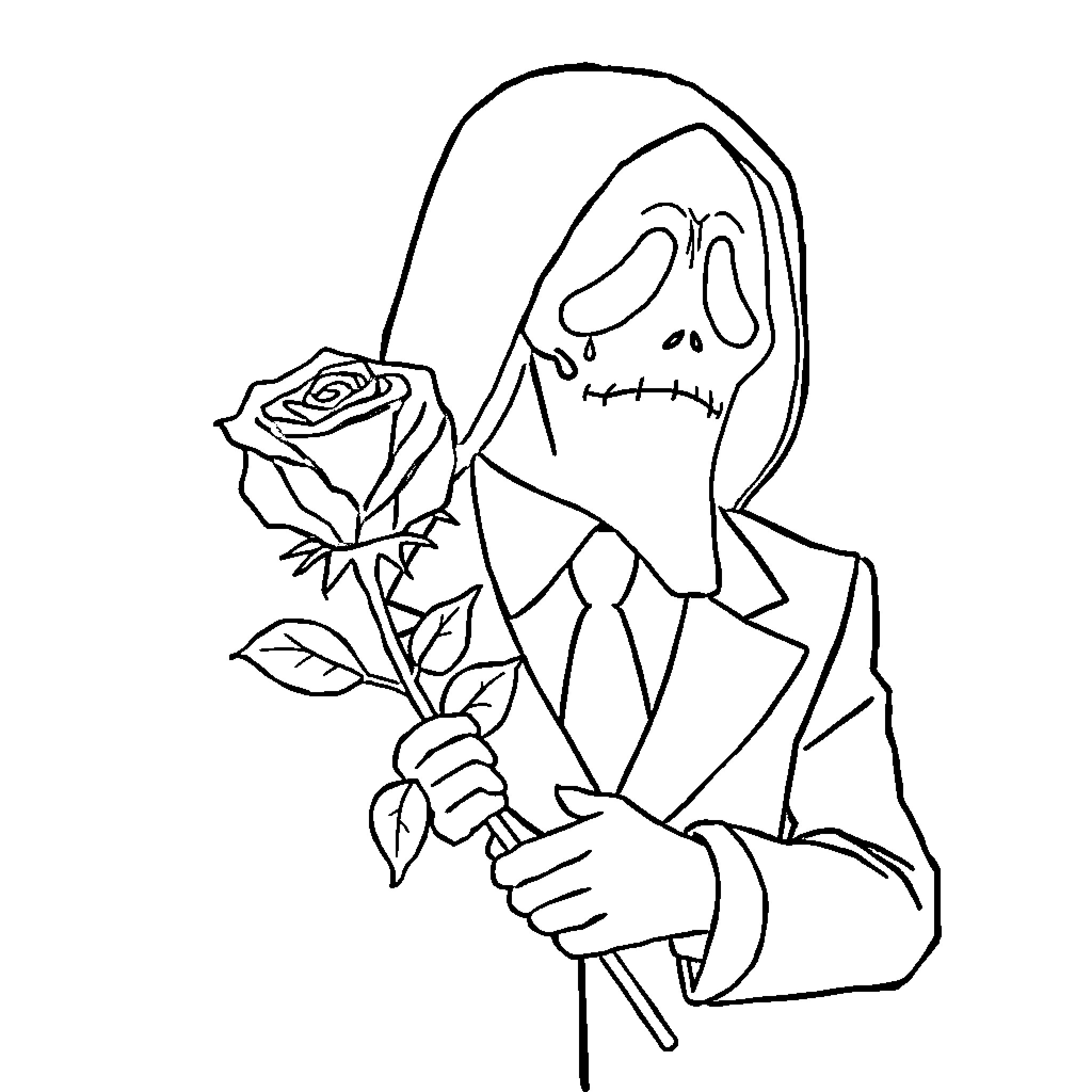 Ghostface holding a rose with a stern expression Coloring Page (free black-and-white line drawing printable PDF for all, from beginners to advanced learners, including children, teens, adults, and seniors)