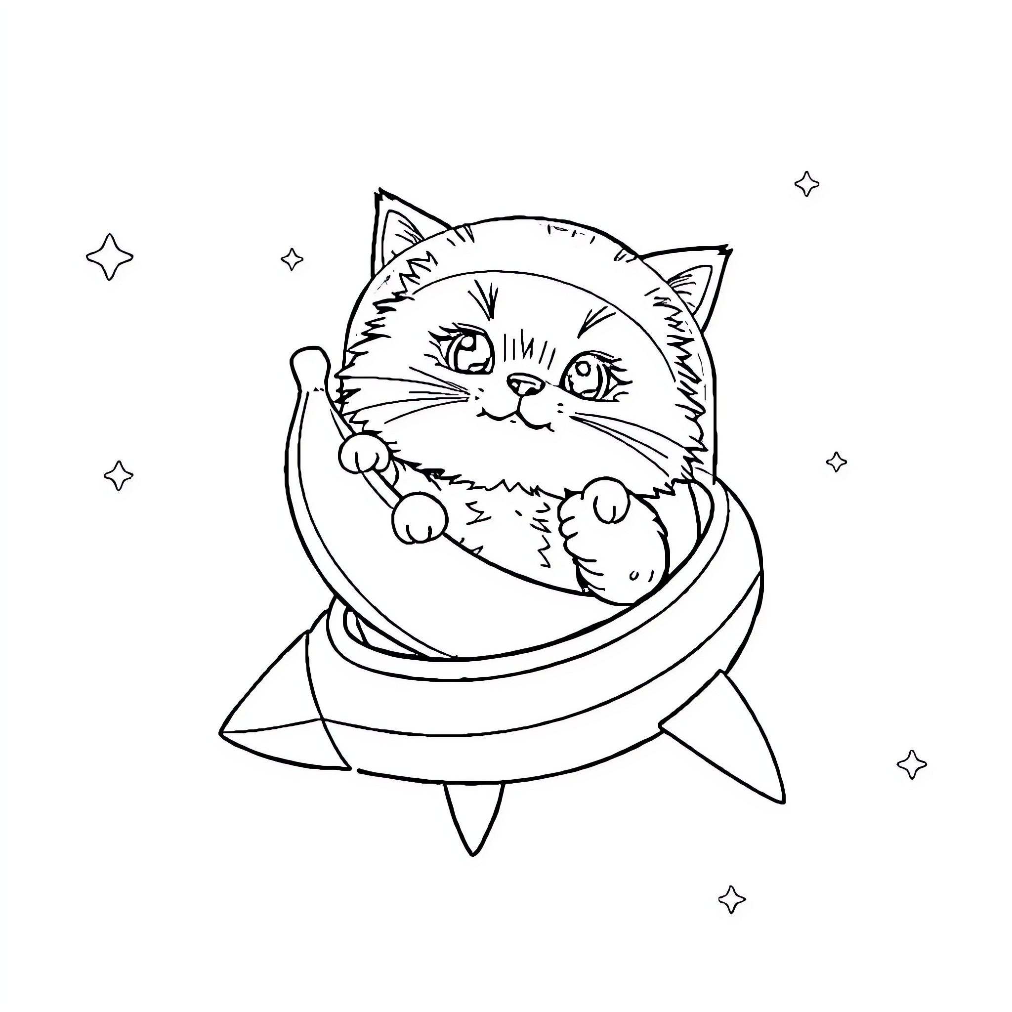 Cat in a rocket ship surrounded by stars Coloring Page (free black-and-white line drawing printable PDF for all, from beginners to advanced learners, including children, teens, adults, and seniors)