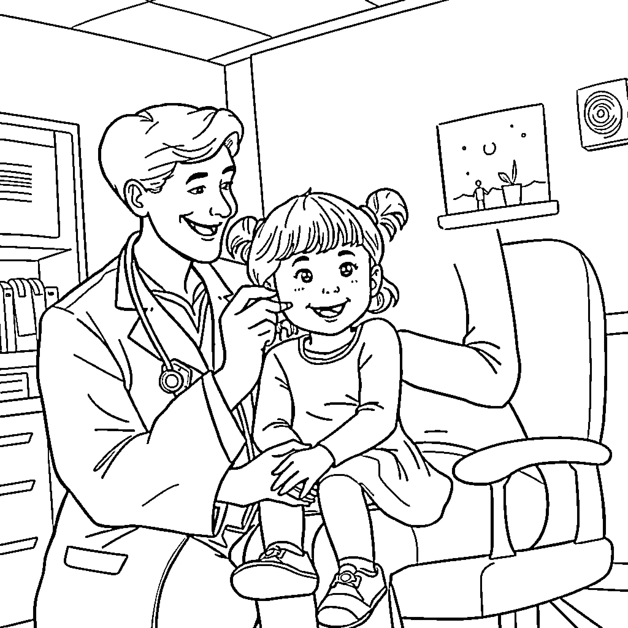 Girl visits doctor in medical office Coloring Page (free black-and-white line drawing printable PDF for all, from beginners to advanced learners, including children, teens, adults, and seniors)