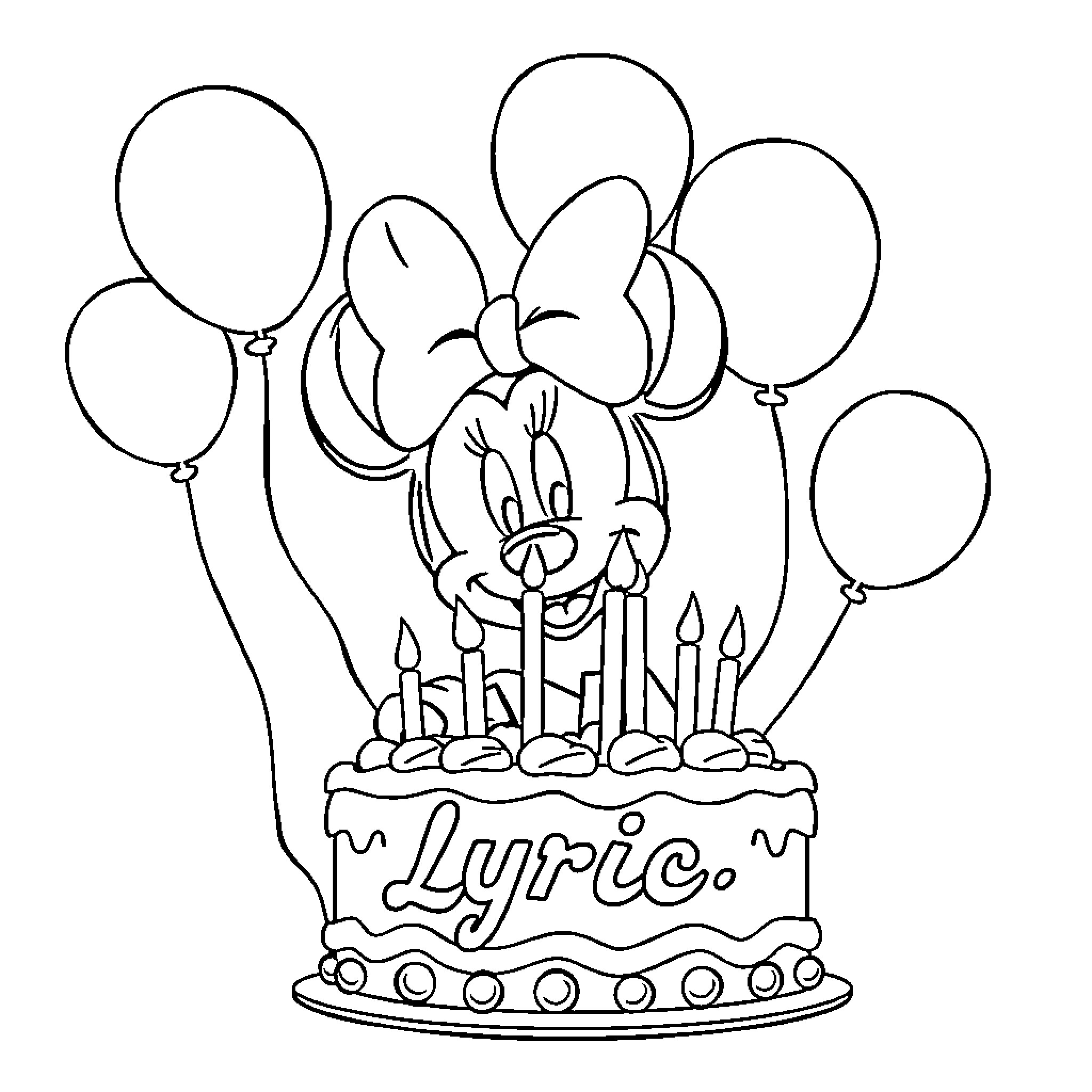 Minnie Mouse celebrating birthday with cake and balloons Coloring Page (free black-and-white line drawing printable PDF for all, from beginners to advanced learners, including children, teens, adults, and seniors)