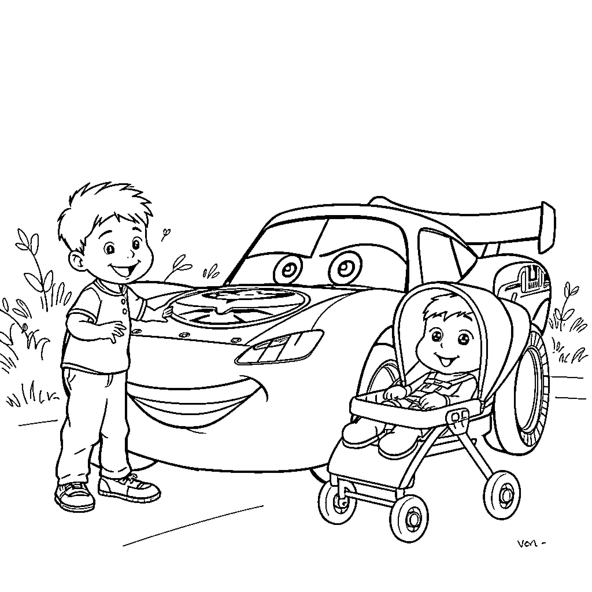 Rayo McQueen helps a young child in a stroller Coloring Page (free black-and-white line drawing printable PDF for all, from beginners to advanced learners, including children, teens, adults, and seniors)