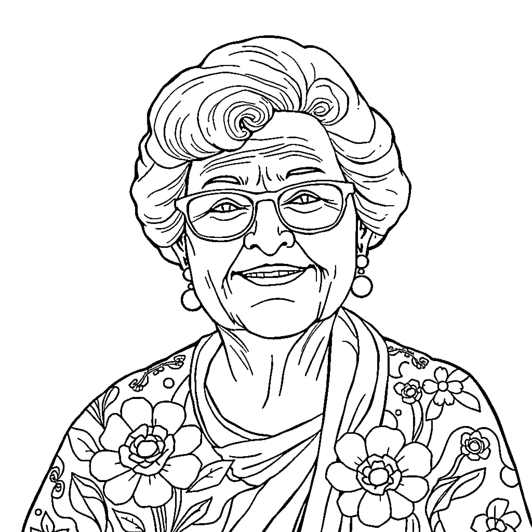 Grandma's Floral Portrait Coloring Page (free black-and-white line drawing printable PDF for all, from beginners to advanced learners, including children, teens, adults, and seniors)