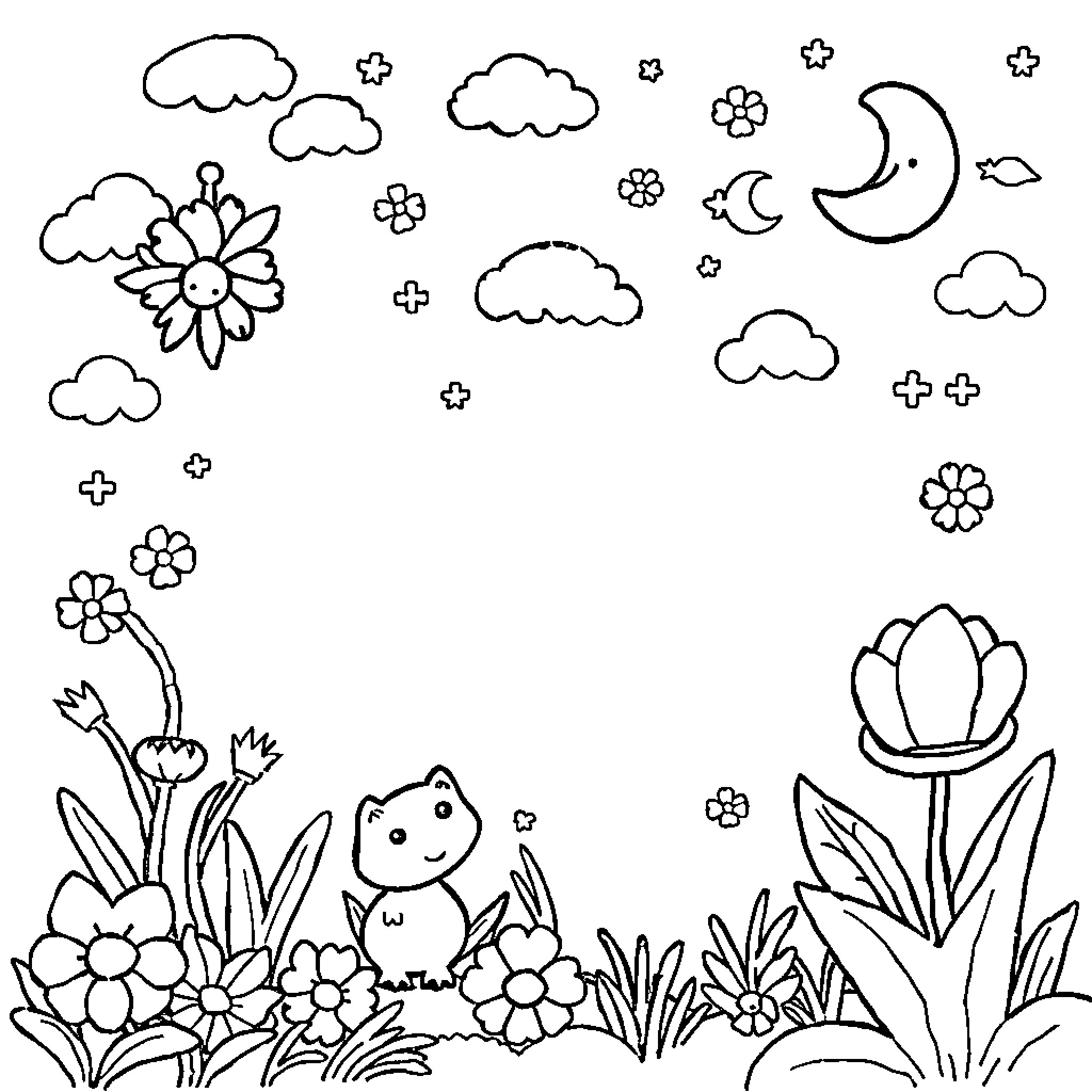 Addition of Whimsical Nature Elements Coloring Page (free black-and-white line drawing printable PDF for all, from beginners to advanced learners, including children, teens, adults, and seniors)