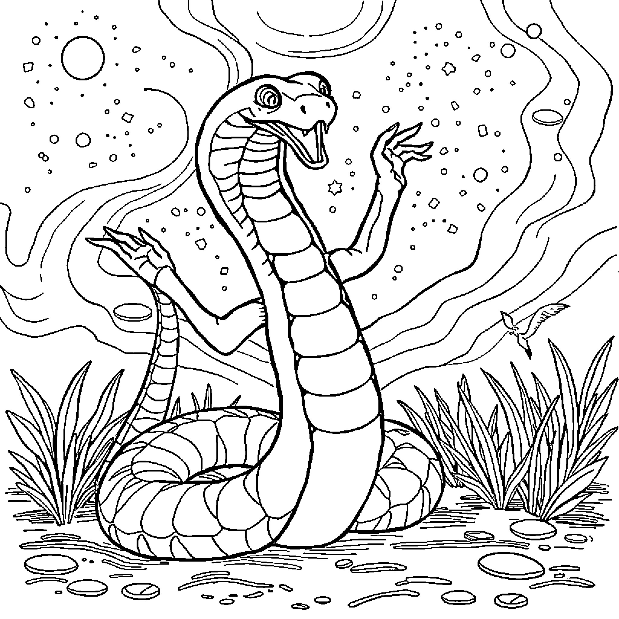 Cobra slithering gracefully through the mystical landscape Coloring Page (free black-and-white line drawing printable PDF for all, from beginners to advanced learners, including children, teens, adults, and seniors)
