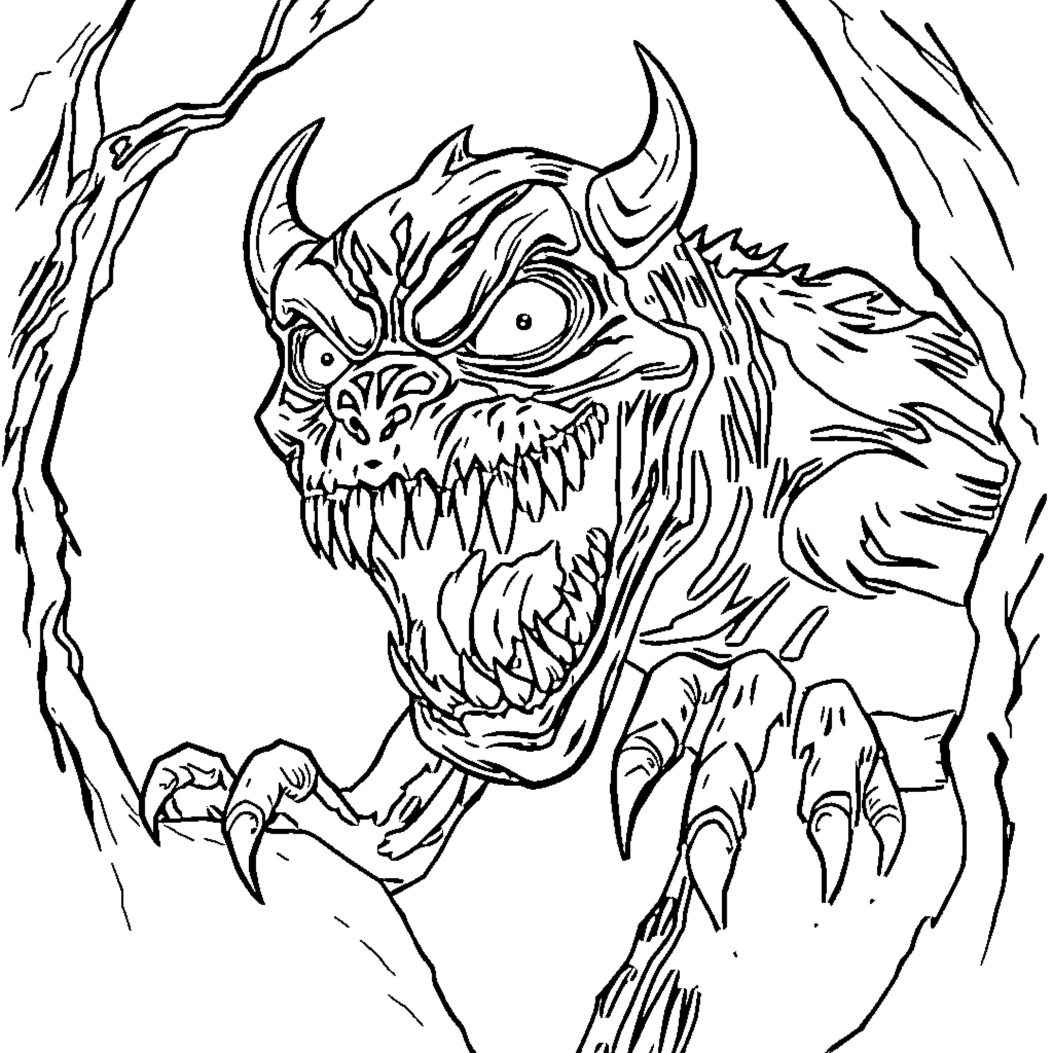 Monster with Frightening Expression and Sharp Claws Coloring Page (free black-and-white line drawing printable PDF for all, from beginners to advanced learners, including children, teens, adults, and seniors)