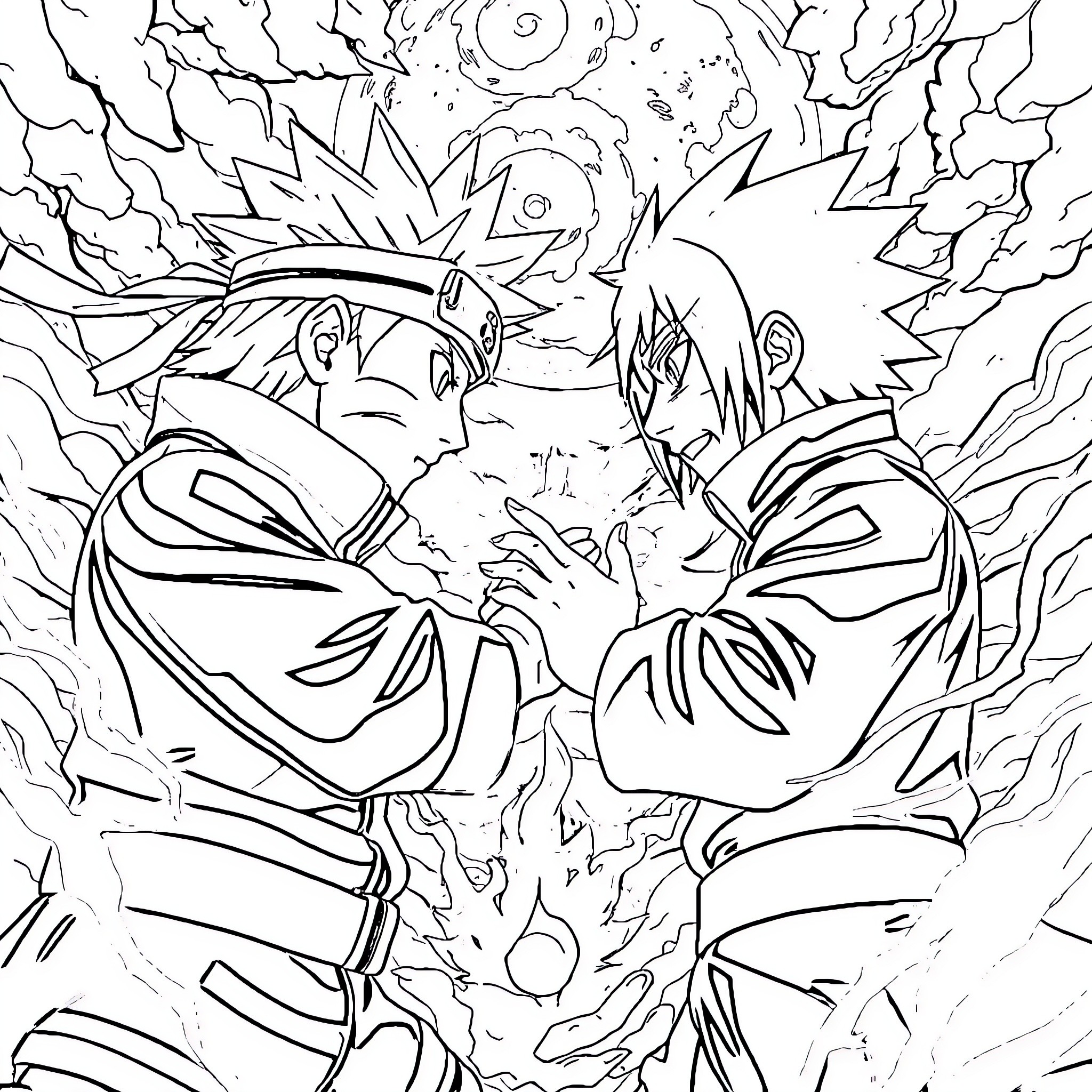 Naruto and Sasuke in intense battle Coloring Page (free black-and-white line drawing printable PDF for all, from beginners to advanced learners, including children, teens, adults, and seniors)