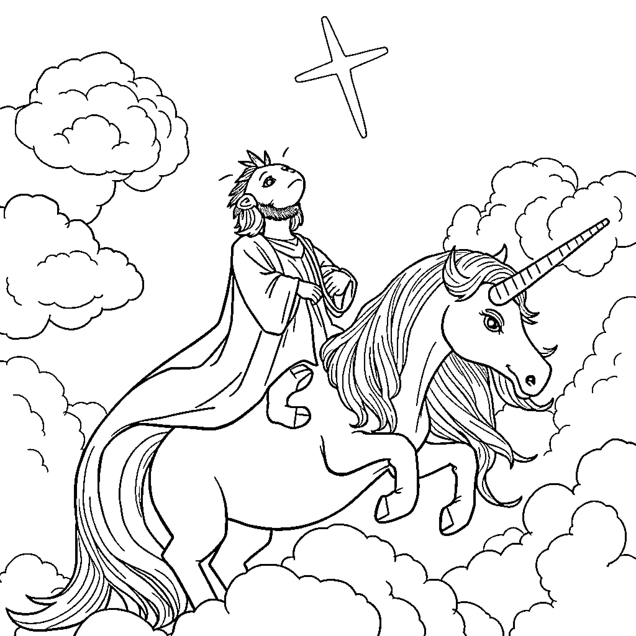 Axolotl riding a unicorn in the clouds Coloring Page (free black-and-white line drawing printable PDF for all, from beginners to advanced learners, including children, teens, adults, and seniors)