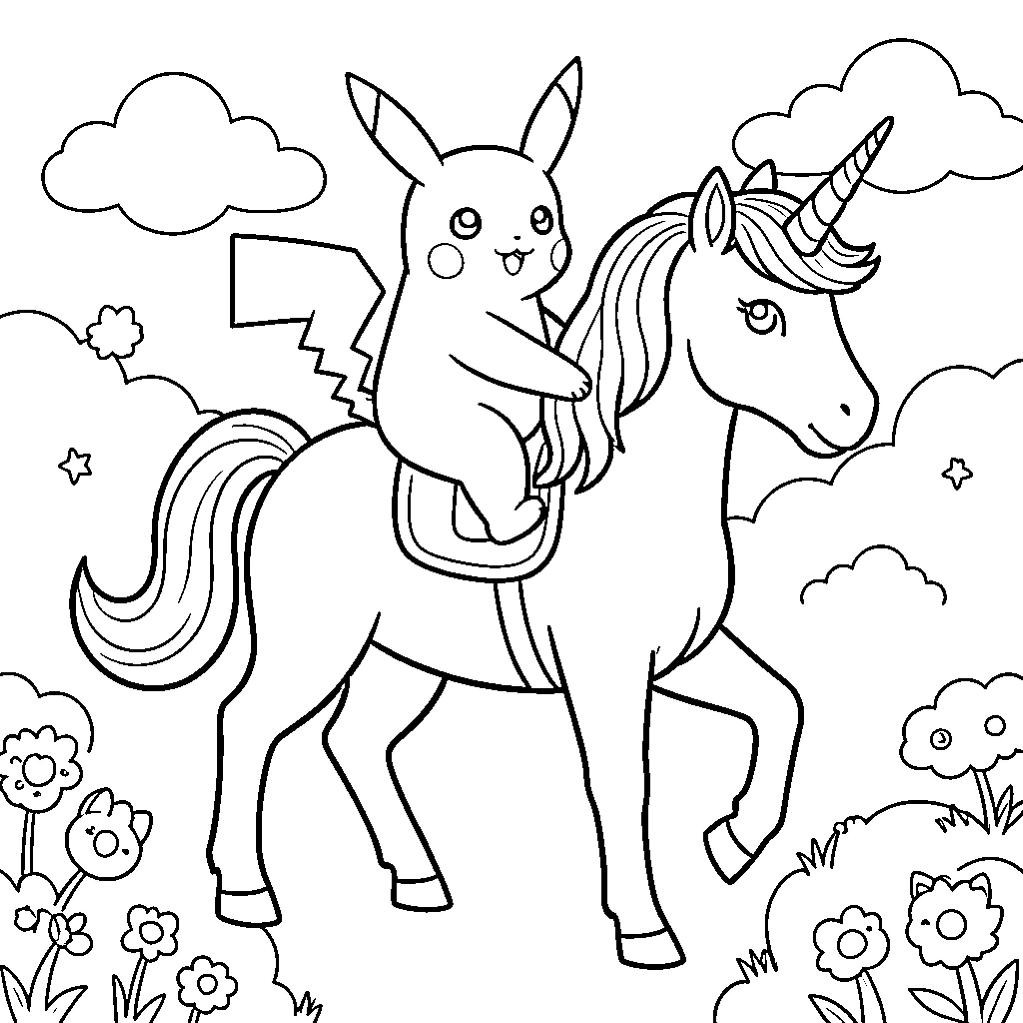 Picatchu riding a unicorn through a magical landscape Coloring Page (free black-and-white line drawing printable PDF for all, from beginners to advanced learners, including children, teens, adults, and seniors)