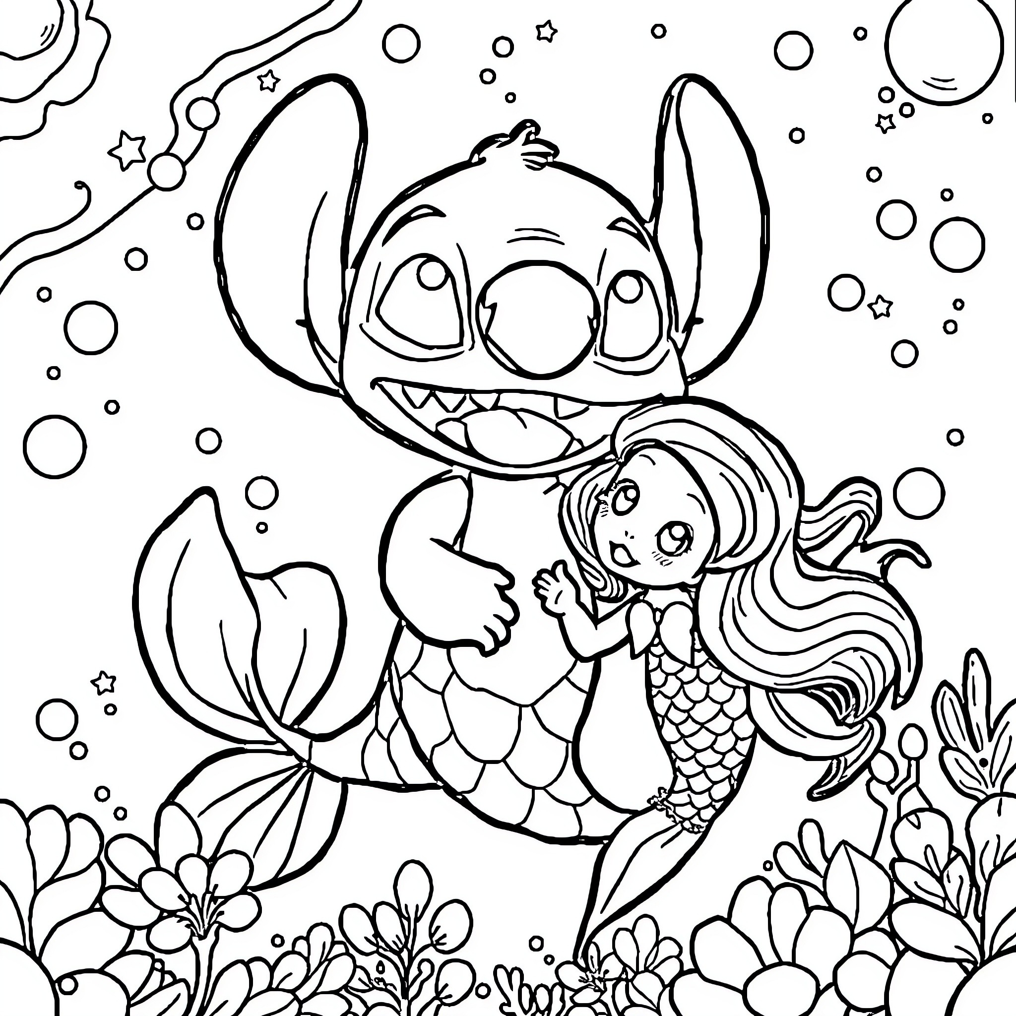 Stitch and mermaid exploring underwater wonderland Coloring Page (free black-and-white line drawing printable PDF for all, from beginners to advanced learners, including children, teens, adults, and seniors)