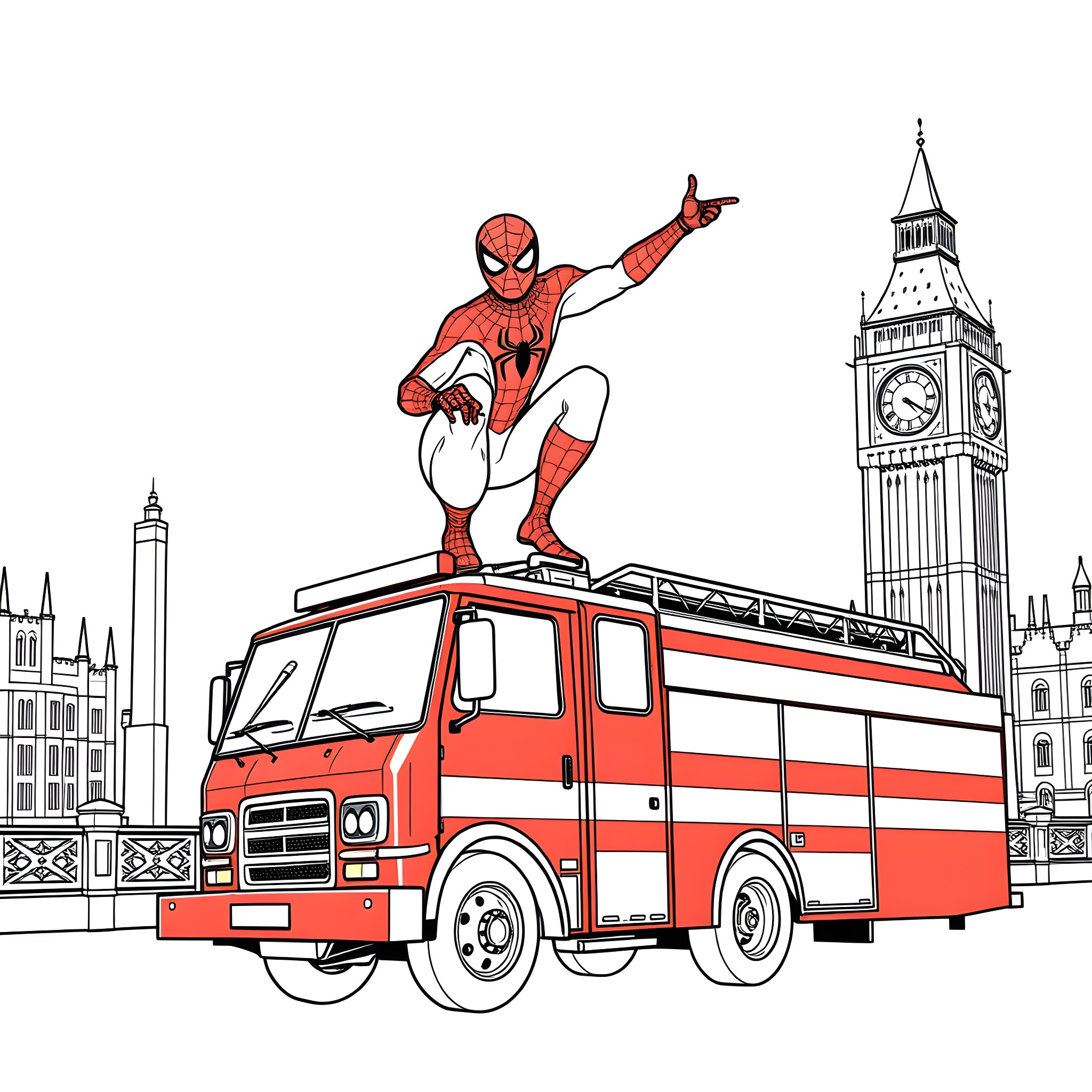 Spiderman swinging over a London fire truck Coloring Page (free black-and-white line drawing printable PDF for all, from beginners to advanced learners, including children, teens, adults, and seniors)