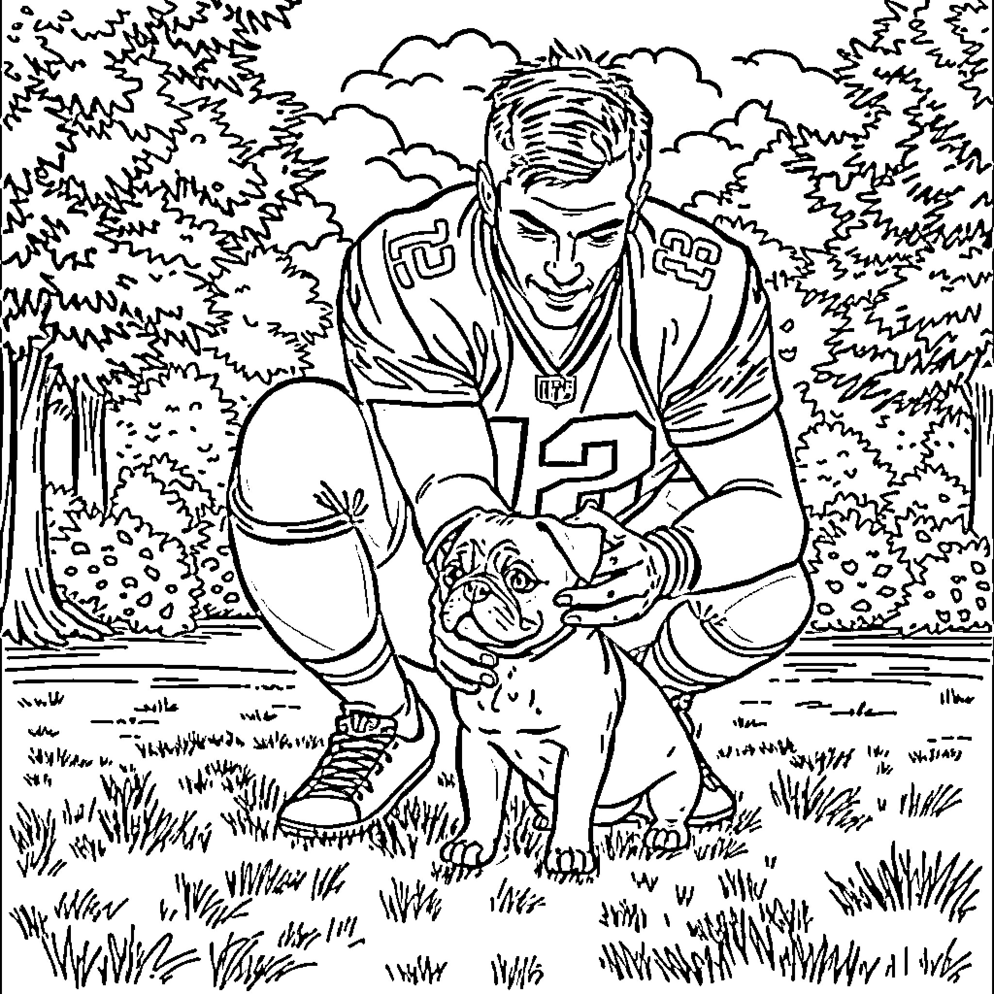 Tom Brady Enjoys Time with Loyal Companion in Outdoors Coloring Page (free black-and-white line drawing printable PDF for all, from beginners to advanced learners, including children, teens, adults, and seniors)