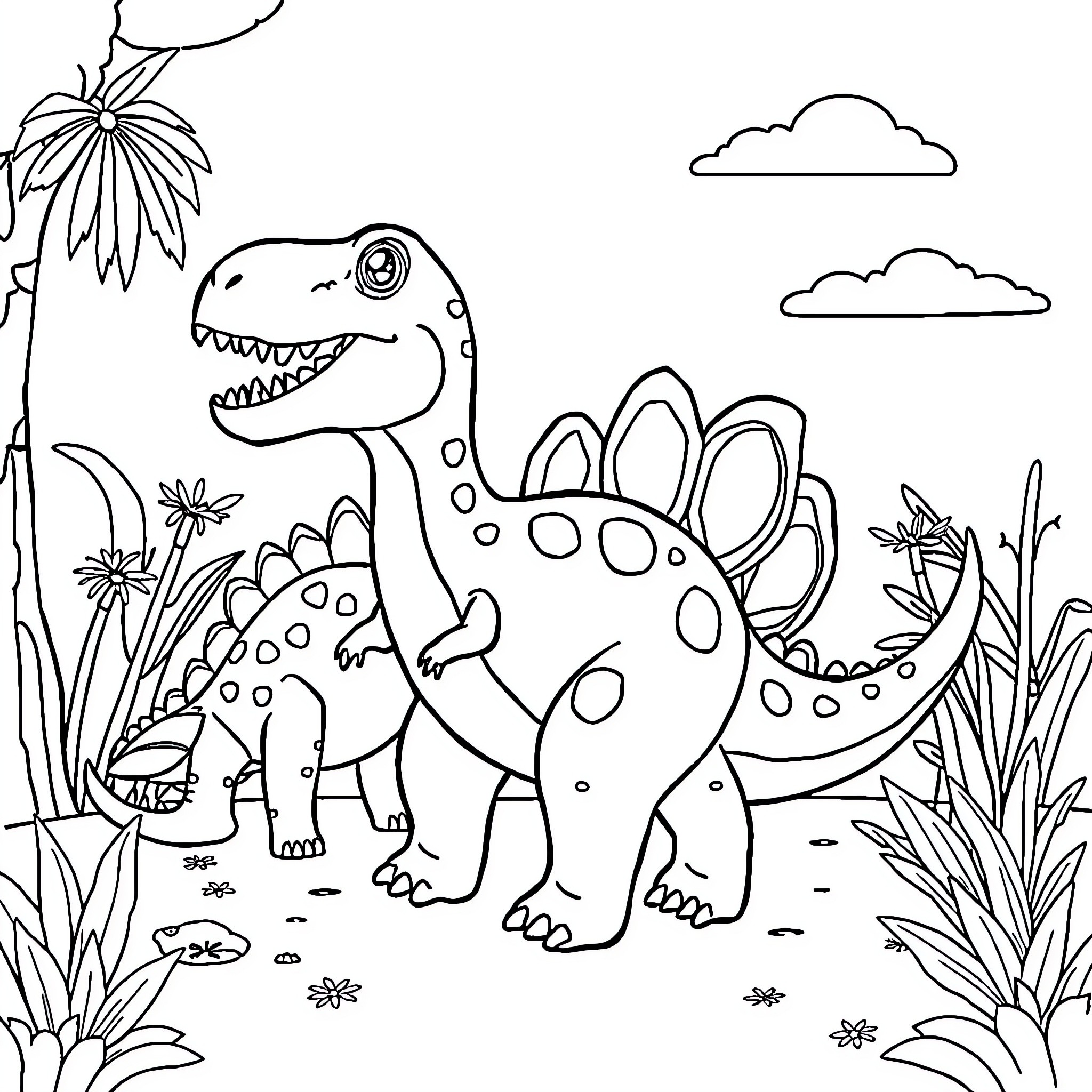 Dinosaur exploring the lush jungle landscape Coloring Page (free black-and-white line drawing printable PDF for all, from beginners to advanced learners, including children, teens, adults, and seniors)