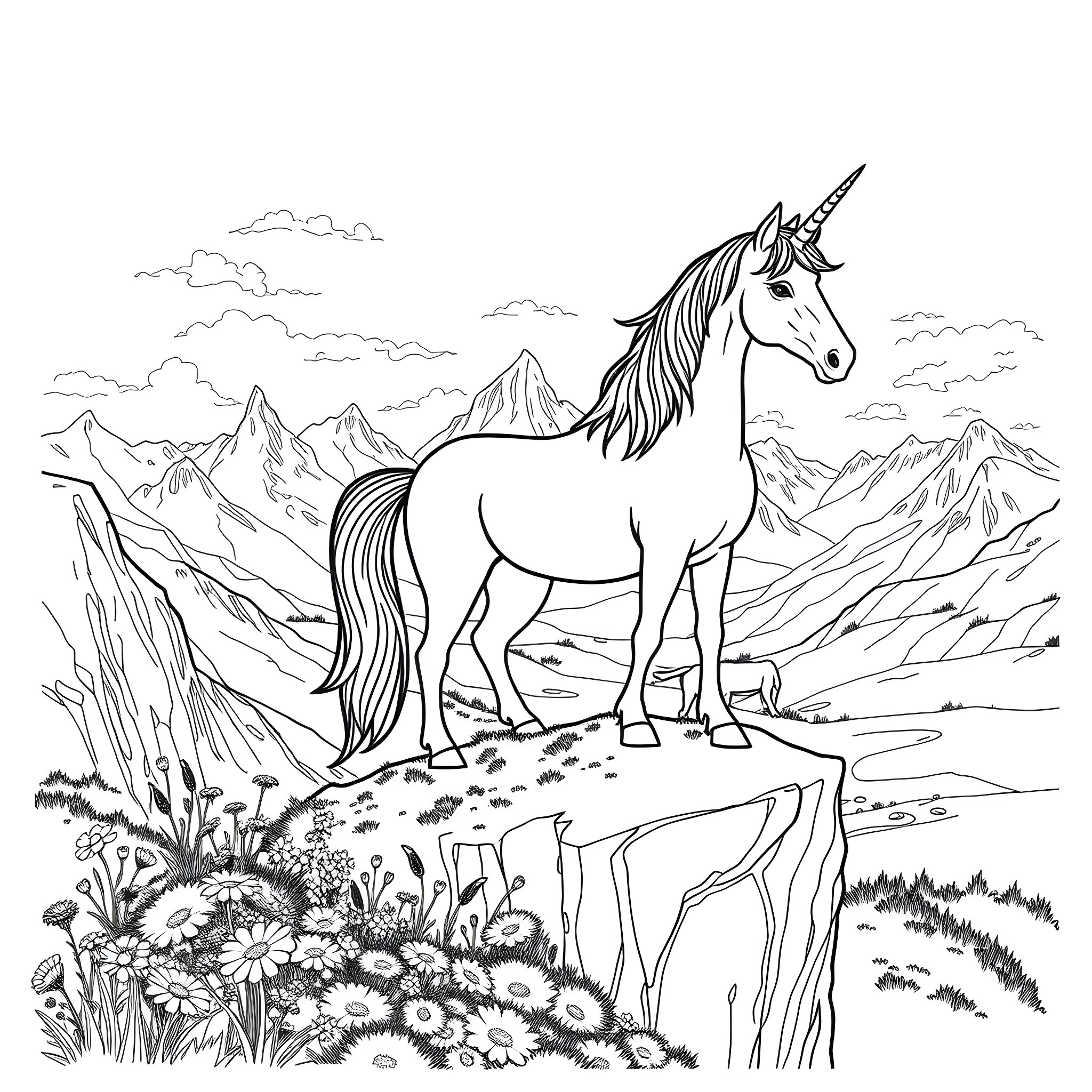 Unicorn standing tall in a majestic mountain landscape Coloring Page (free black-and-white line drawing printable PDF for all, from beginners to advanced learners, including children, teens, adults, and seniors)