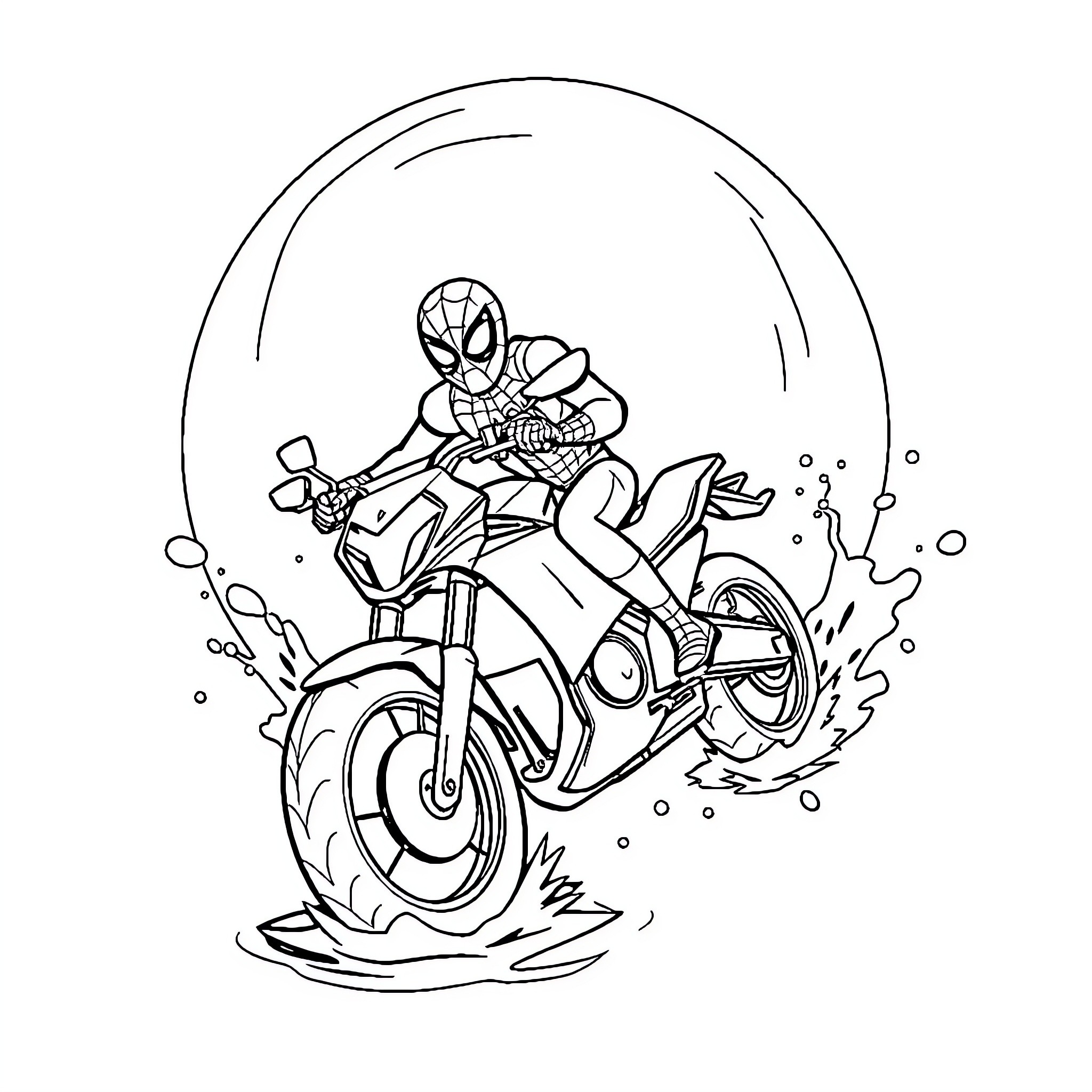 Spider-Man riding a motorcycle with speed and action Coloring Page (free black-and-white line drawing printable PDF for all, from beginners to advanced learners, including children, teens, adults, and seniors)