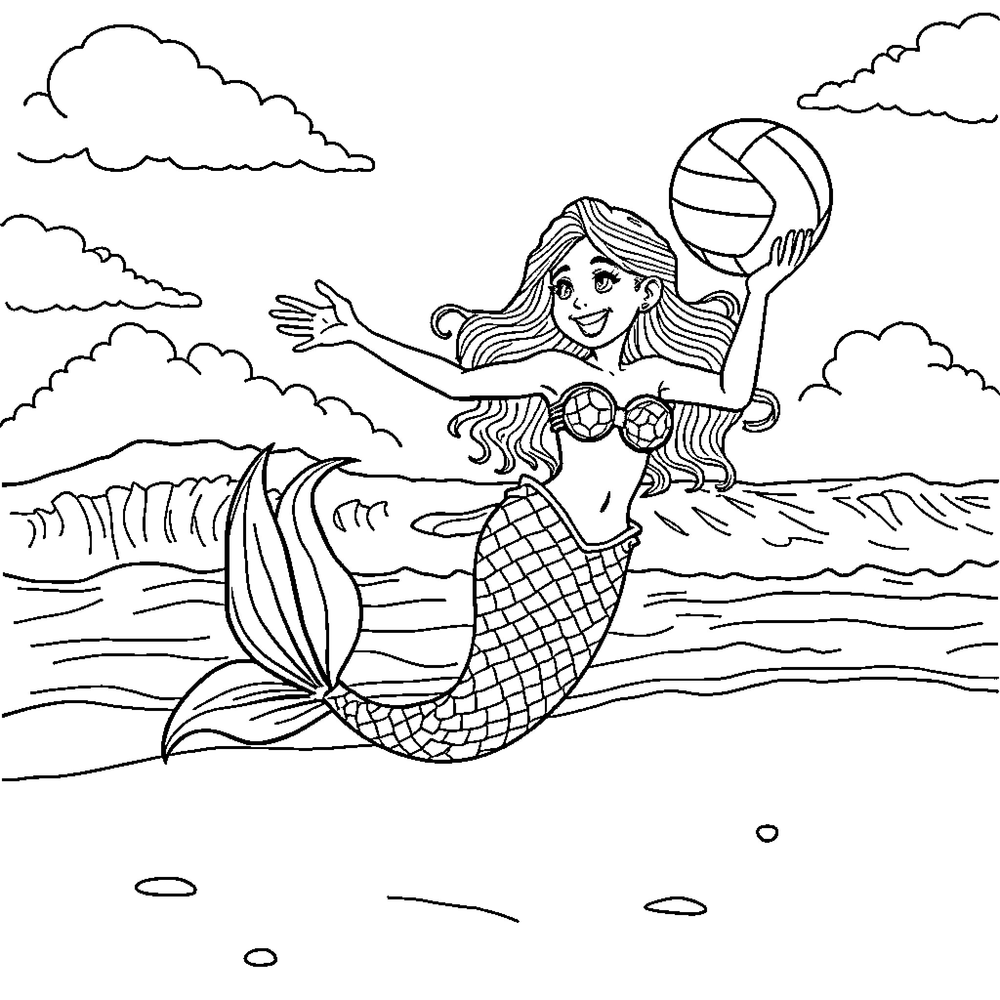 Mermaid playing with volleyball in the ocean Coloring Page (free black-and-white line drawing printable PDF for all, from beginners to advanced learners, including children, teens, adults, and seniors)