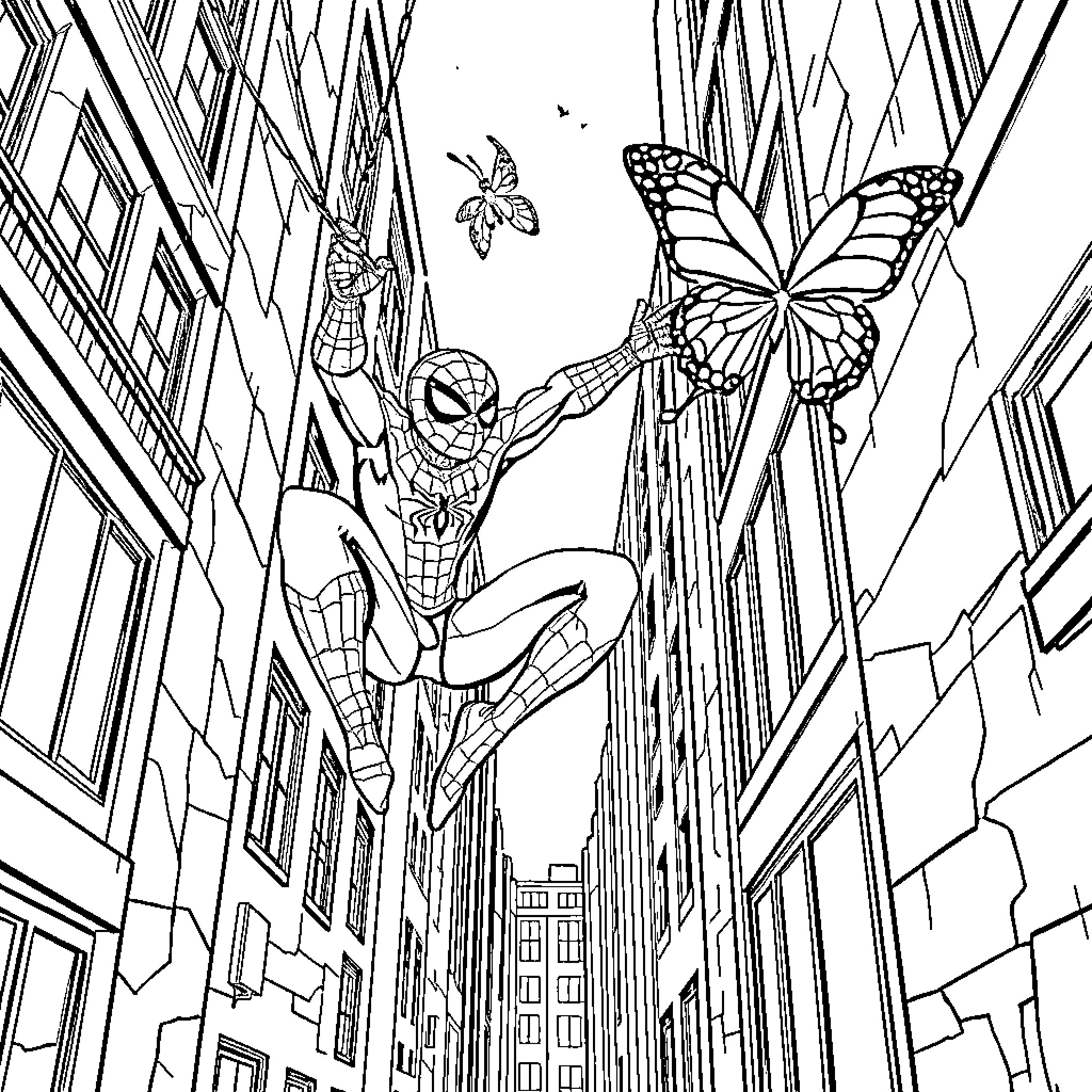 Spiderman swinging through the city with butterflies Coloring Page (free black-and-white line drawing printable PDF for all, from beginners to advanced learners, including children, teens, adults, and seniors)
