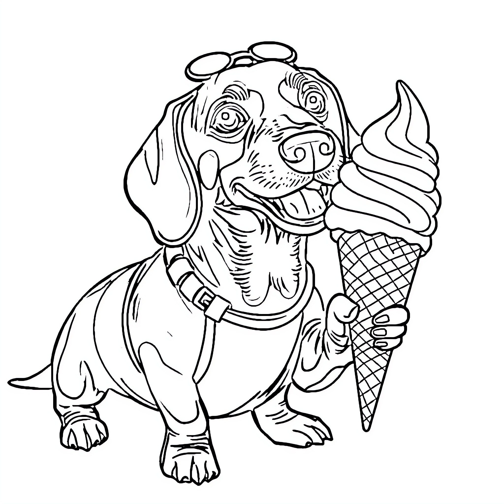 Dachshund enjoying an ice cream cone Coloring Page (free black-and-white line drawing printable PDF for all, from beginners to advanced learners, including children, teens, adults, and seniors)