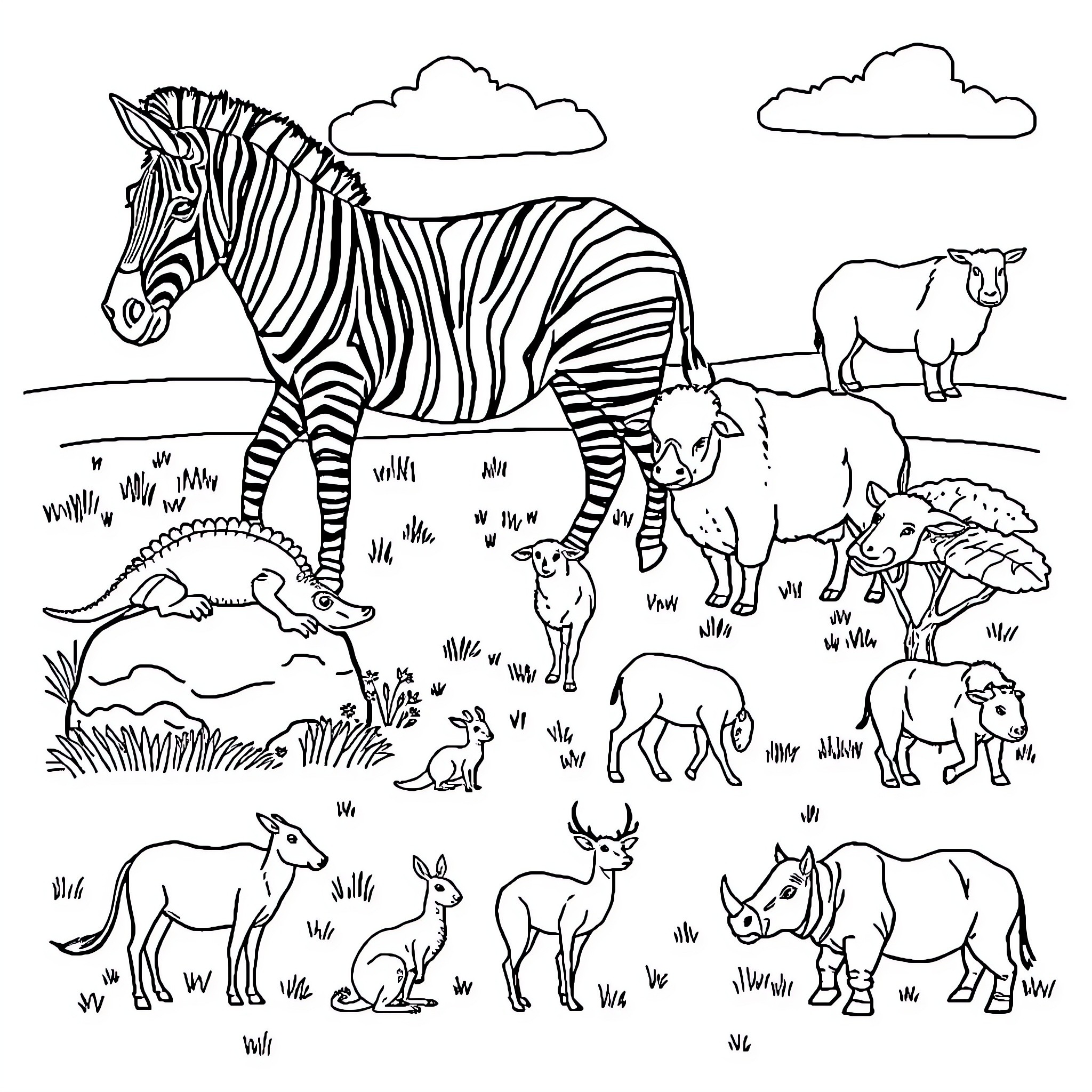 Animal Safari Scene with Diverse Wildlife Coloring Page (free black-and-white line drawing printable PDF for all, from beginners to advanced learners, including children, teens, adults, and seniors)
