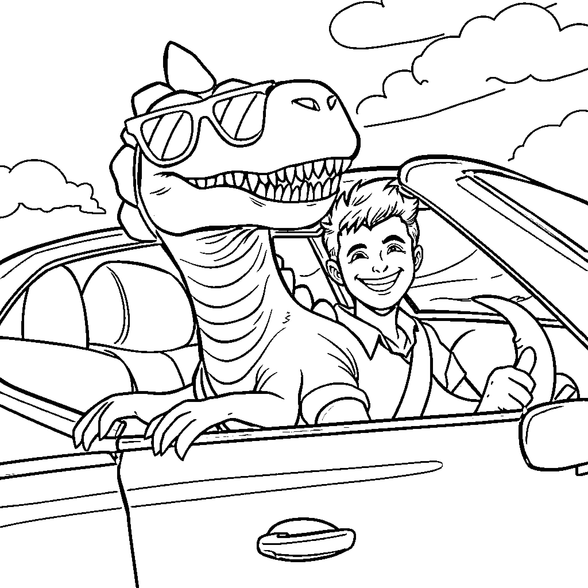 Dino taking a joyride with a happy passenger Coloring Page (free black-and-white line drawing printable PDF for all, from beginners to advanced learners, including children, teens, adults, and seniors)