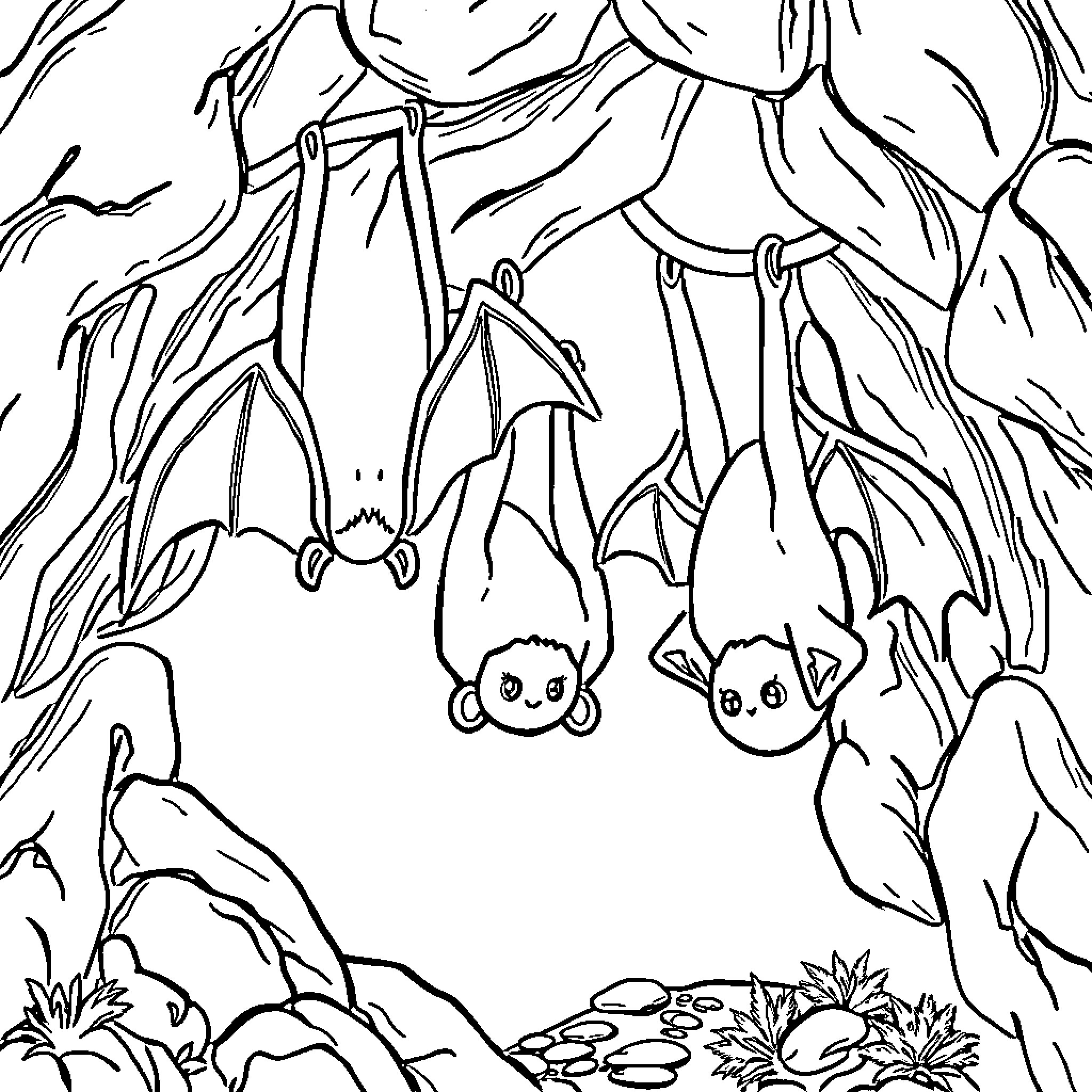 Bat Hanging Upside Down in Wilderness Coloring Page (free black-and-white line drawing printable PDF for all, from beginners to advanced learners, including children, teens, adults, and seniors)