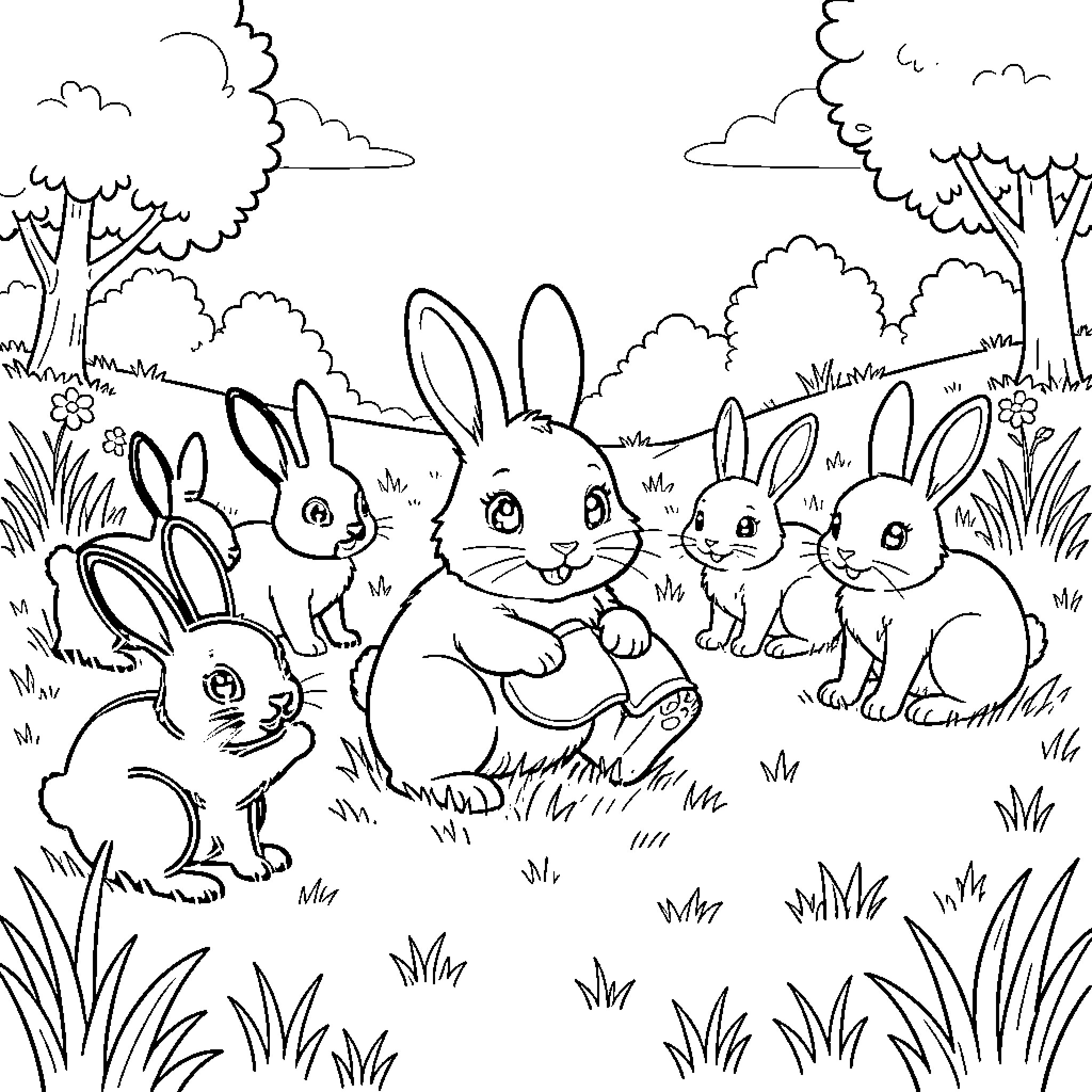 Rabbit family gathering together in a grassy meadow Coloring Page (free black-and-white line drawing printable PDF for all, from beginners to advanced learners, including children, teens, adults, and seniors)