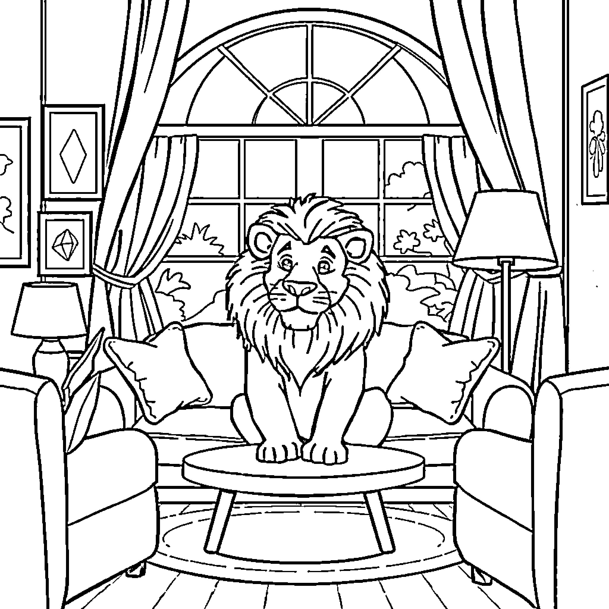 Lion relaxing peacefully in a cozy indoor setting Coloring Page (free black-and-white line drawing printable PDF for all, from beginners to advanced learners, including children, teens, adults, and seniors)