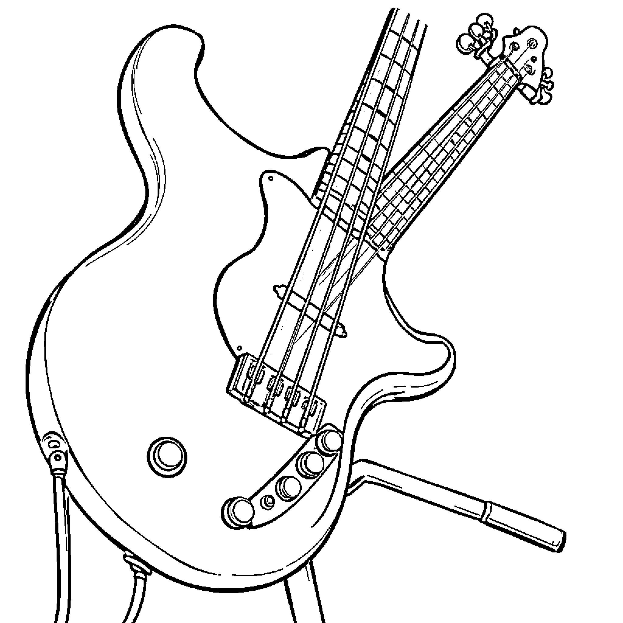 Bass Guitar with Detailed Fretboard and Design Coloring Page (free black-and-white line drawing printable PDF for all, from beginners to advanced learners, including children, teens, adults, and seniors)