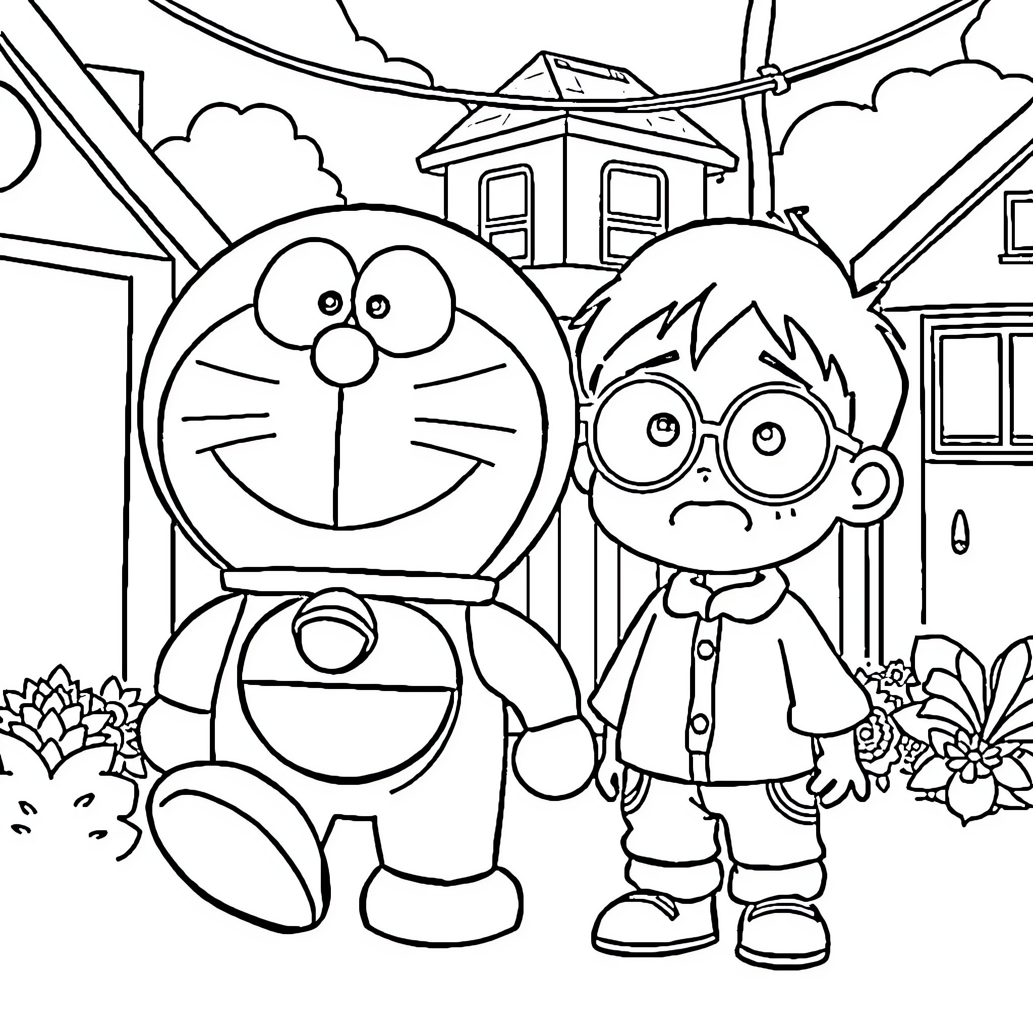 Doraemon and Boy in Neighborhood Scene Coloring Page (free black-and-white line drawing printable PDF for all, from beginners to advanced learners, including children, teens, adults, and seniors)