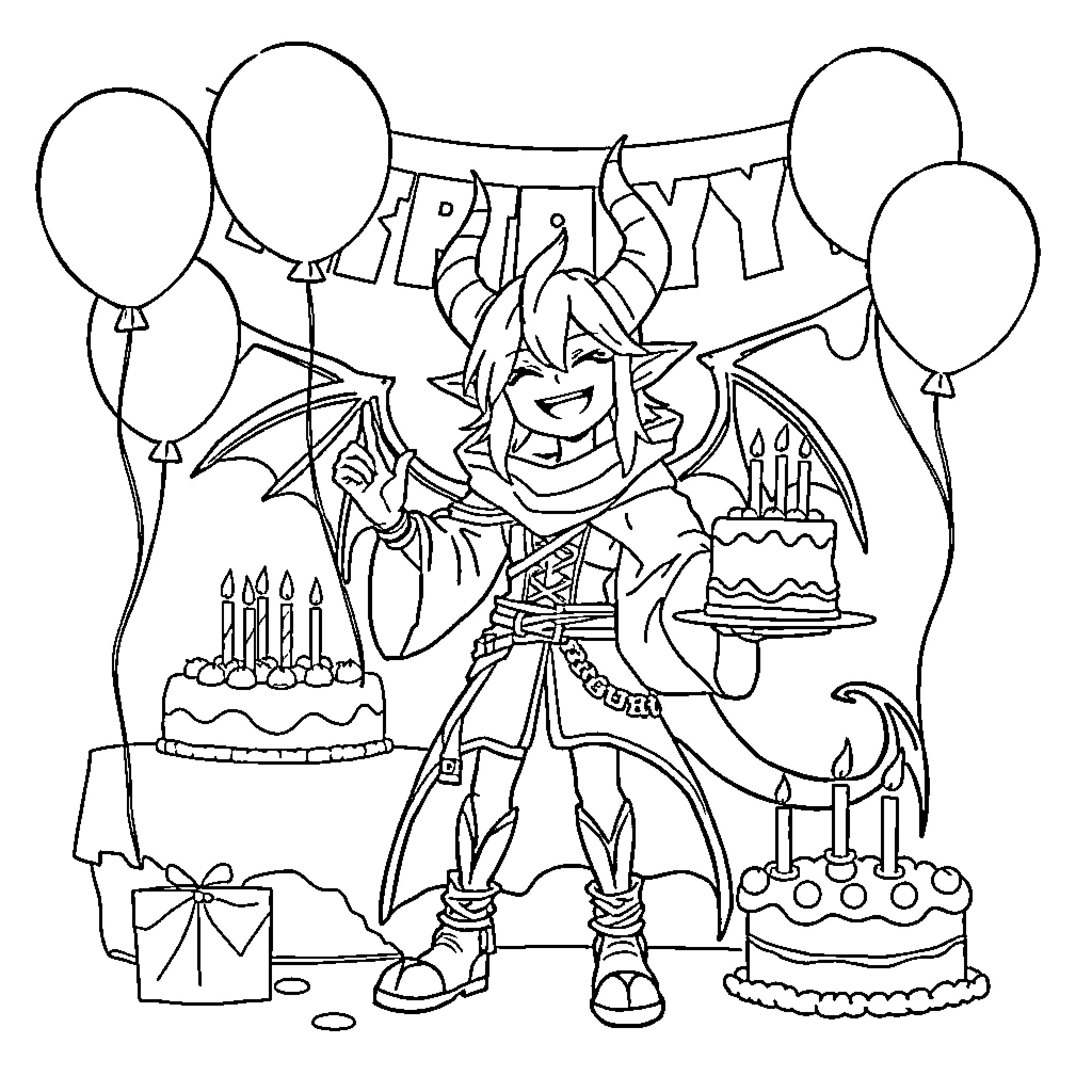 Demon Slayer Birthday Party Celebration Coloring Page (free black-and-white line drawing printable PDF for all, from beginners to advanced learners, including children, teens, adults, and seniors)