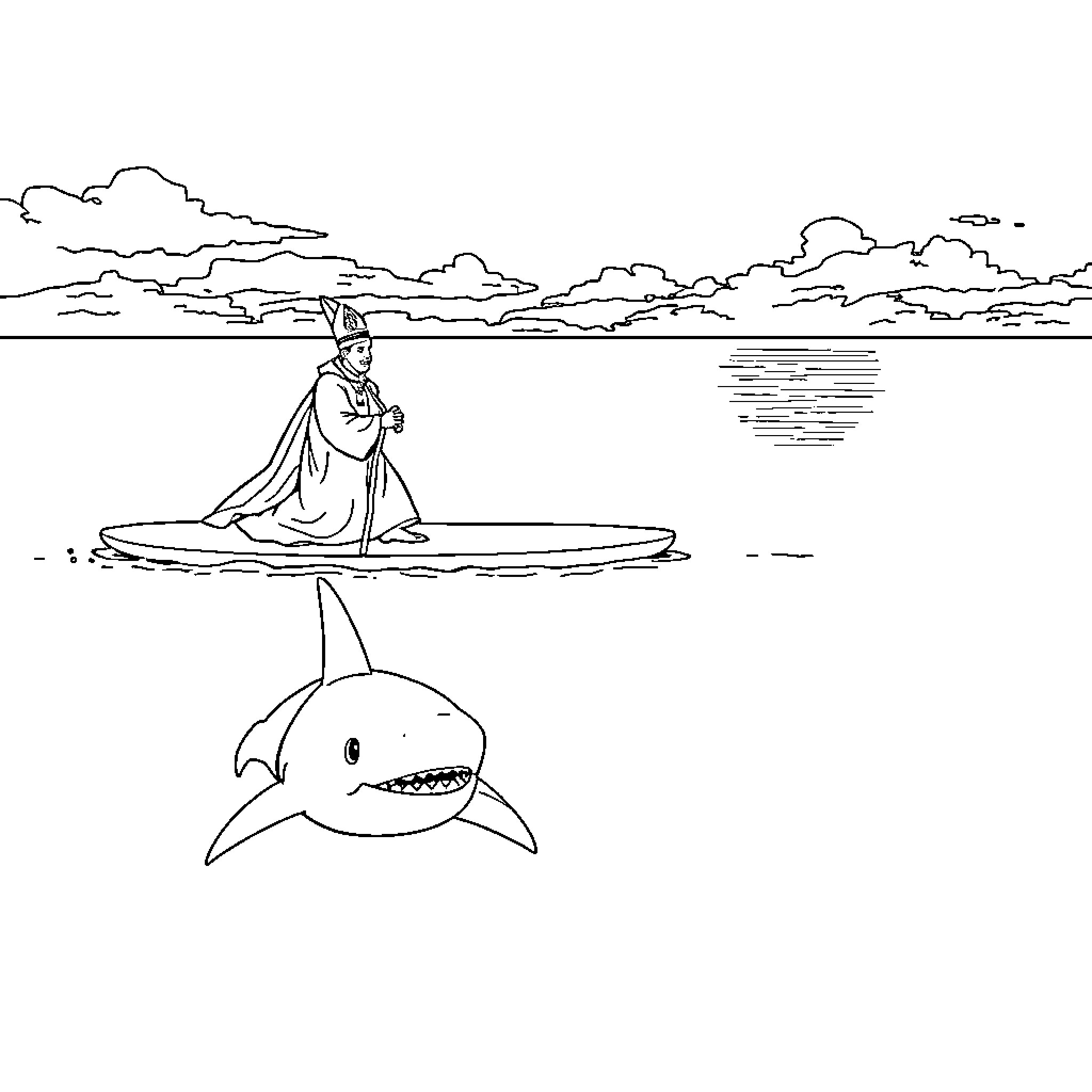 Priest meditating peacefully on a floating platform Coloring Page (free black-and-white line drawing printable PDF for all, from beginners to advanced learners, including children, teens, adults, and seniors)
