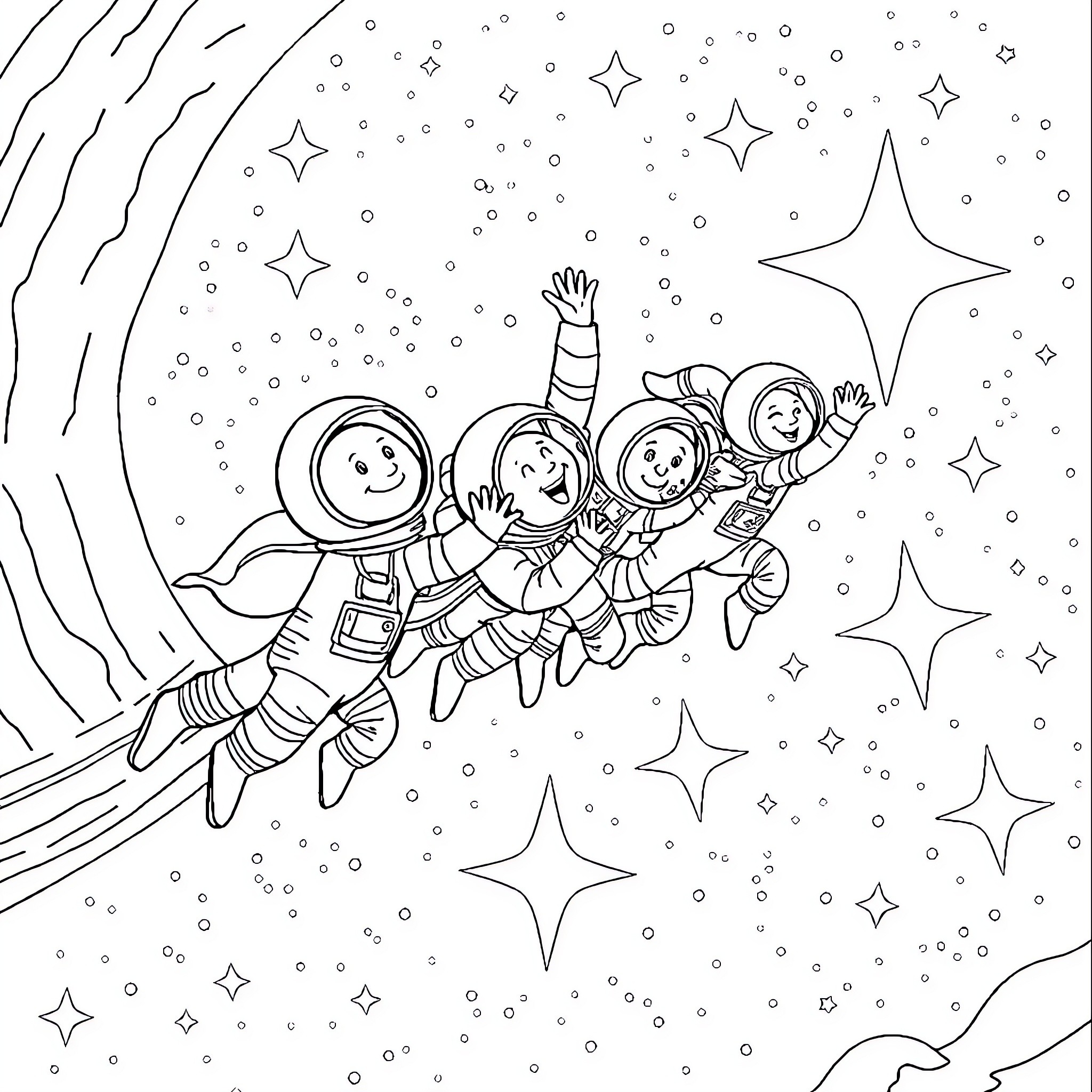 Astronauts exploring the wonders of space Coloring Page (free black-and-white line drawing printable PDF for all, from beginners to advanced learners, including children, teens, adults, and seniors)