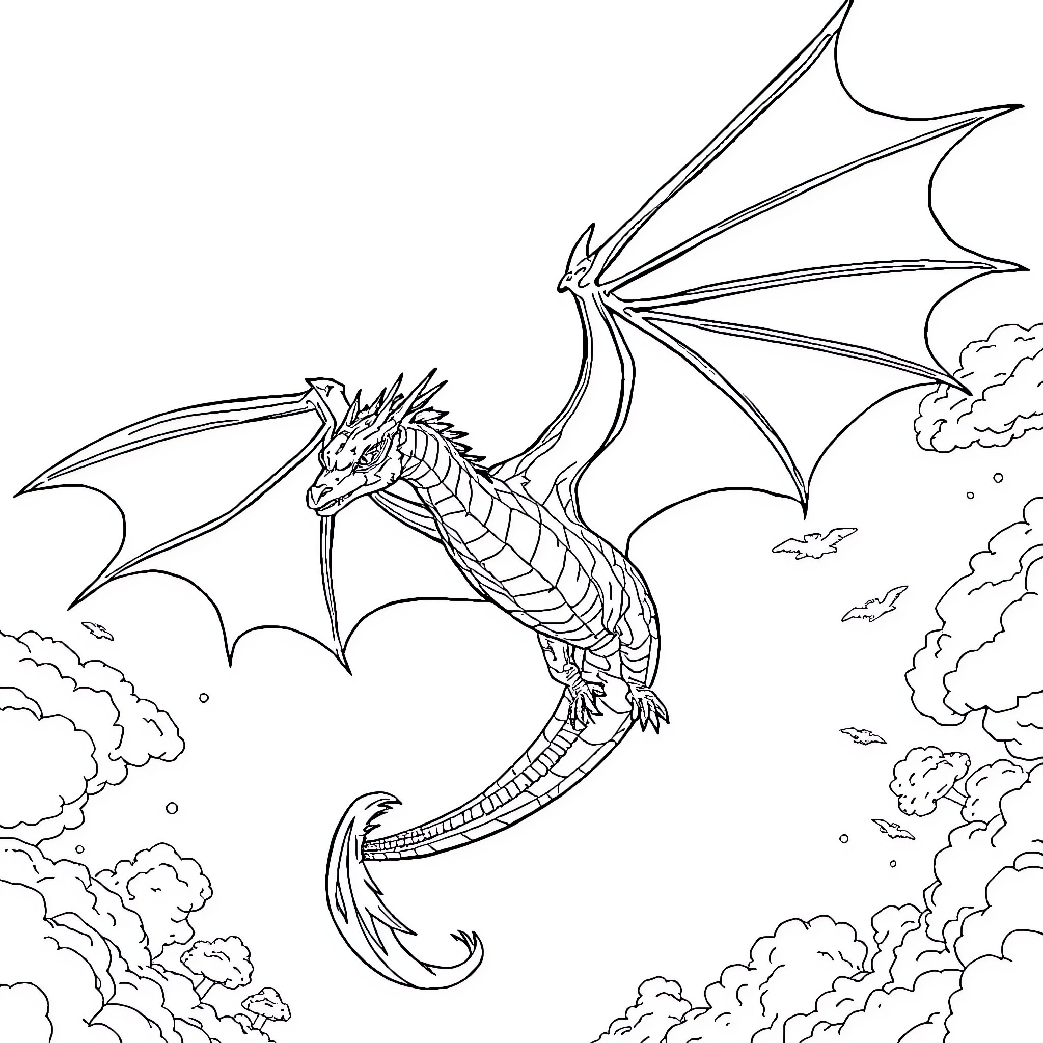 Dragon soaring through the cloudy sky Coloring Page (free black-and-white line drawing printable PDF for all, from beginners to advanced learners, including children, teens, adults, and seniors)
