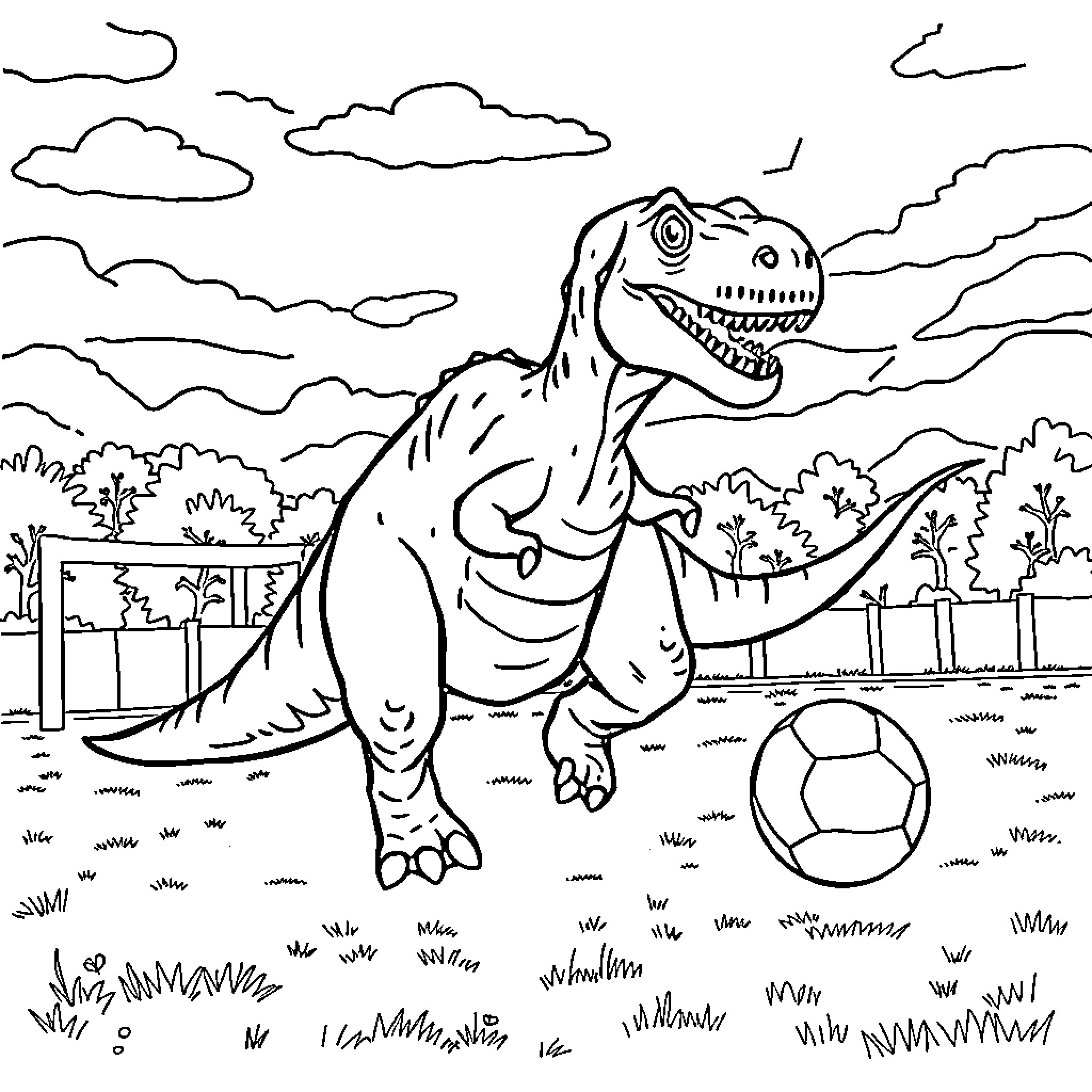 Dinosaur playing with soccer ball in field Coloring Page (free black-and-white line drawing printable PDF for all, from beginners to advanced learners, including children, teens, adults, and seniors)