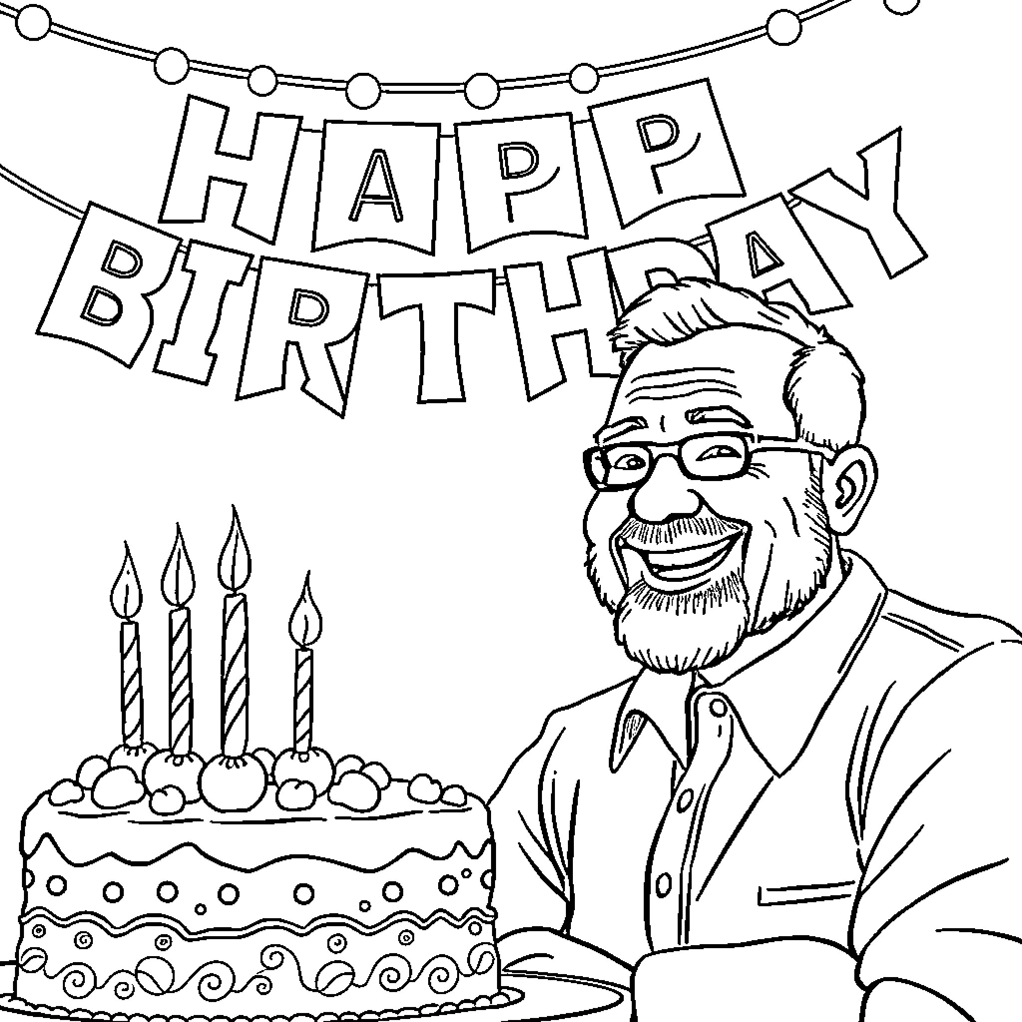 Dad's Happy Birthday with Cake and Celebration Coloring Page (free black-and-white line drawing printable PDF for all, from beginners to advanced learners, including children, teens, adults, and seniors)
