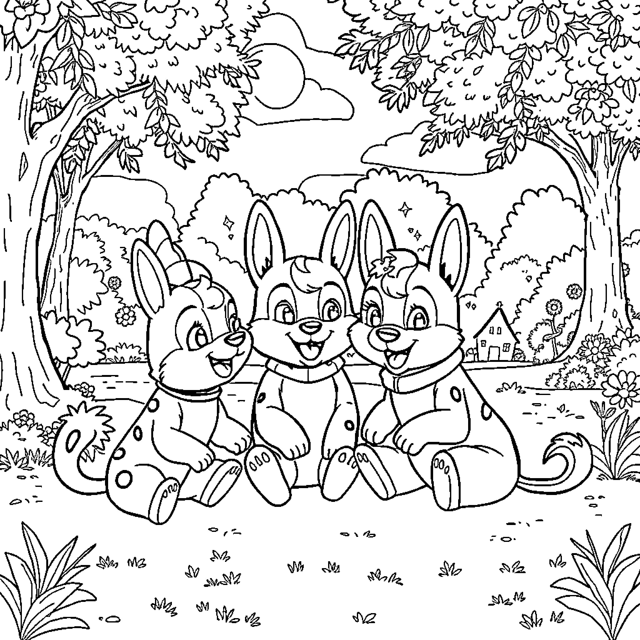 Tchoupi and friends enjoy a playful day in the forest Coloring Page (free black-and-white line drawing printable PDF for all, from beginners to advanced learners, including children, teens, adults, and seniors)
