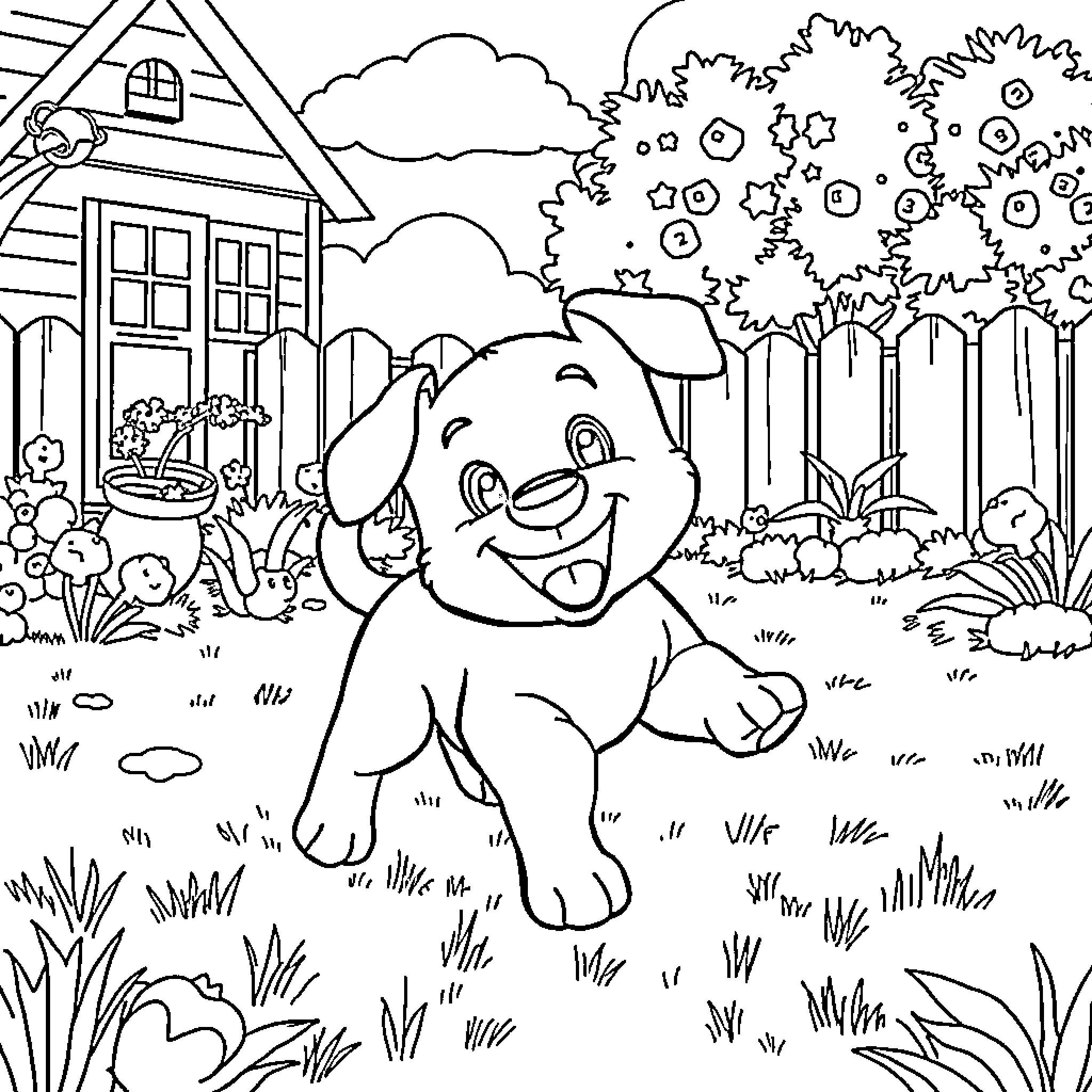 Bluey playing happily in the yard Coloring Page (free black-and-white line drawing printable PDF for all, from beginners to advanced learners, including children, teens, adults, and seniors)