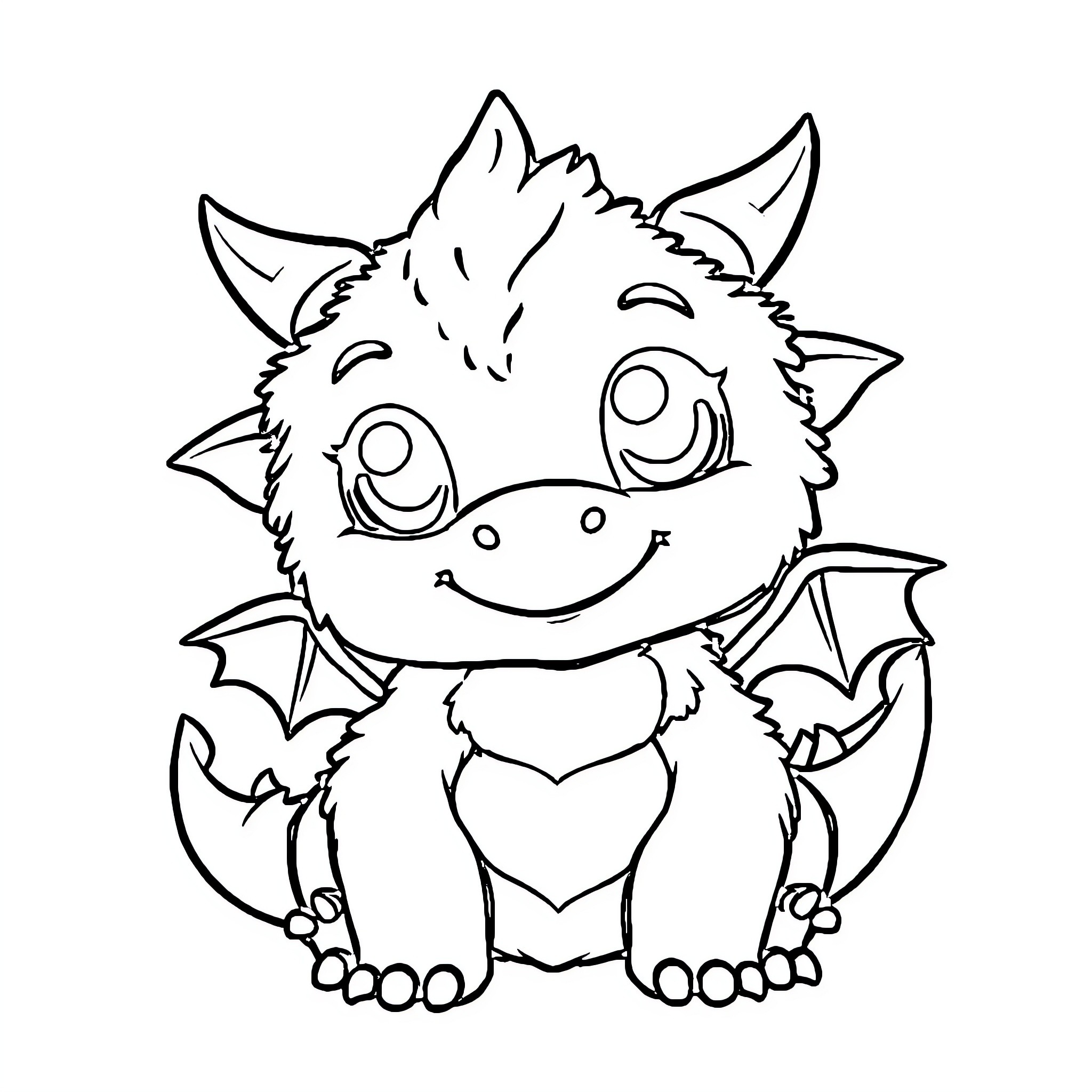 Dragon smiling happily with big eyes Coloring Page (free black-and-white line drawing printable PDF for all, from beginners to advanced learners, including children, teens, adults, and seniors)