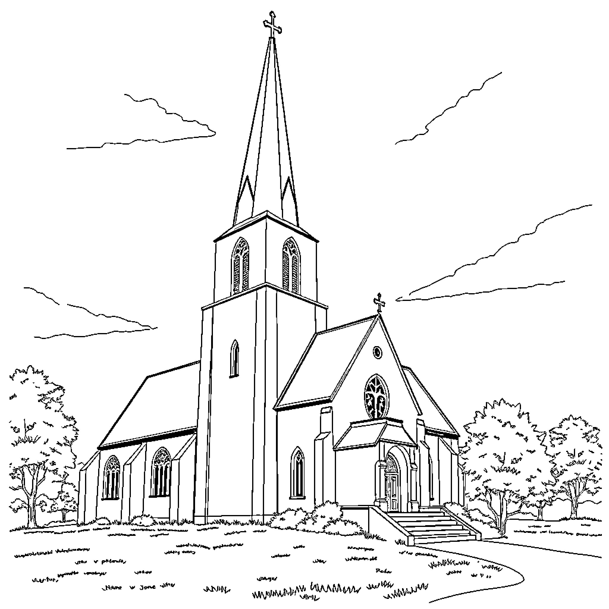 St Jane de Chantel Church in the Countryside Coloring Page (free black-and-white line drawing printable PDF for all, from beginners to advanced learners, including children, teens, adults, and seniors)
