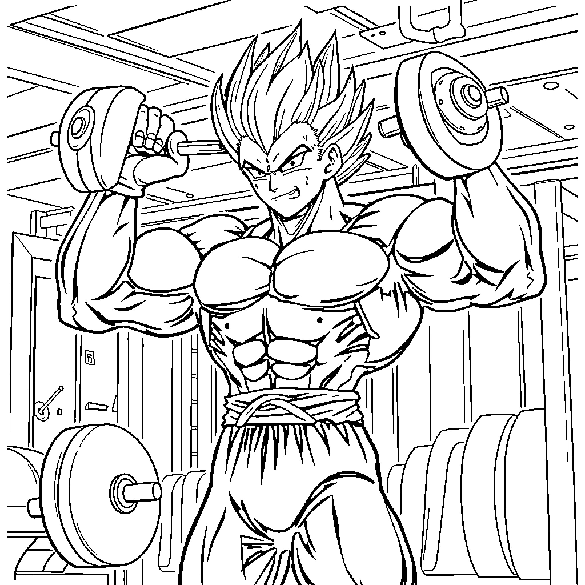 Vegeta Lifting Weights in Intense Workout Coloring Page (free black-and-white line drawing printable PDF for all, from beginners to advanced learners, including children, teens, adults, and seniors)