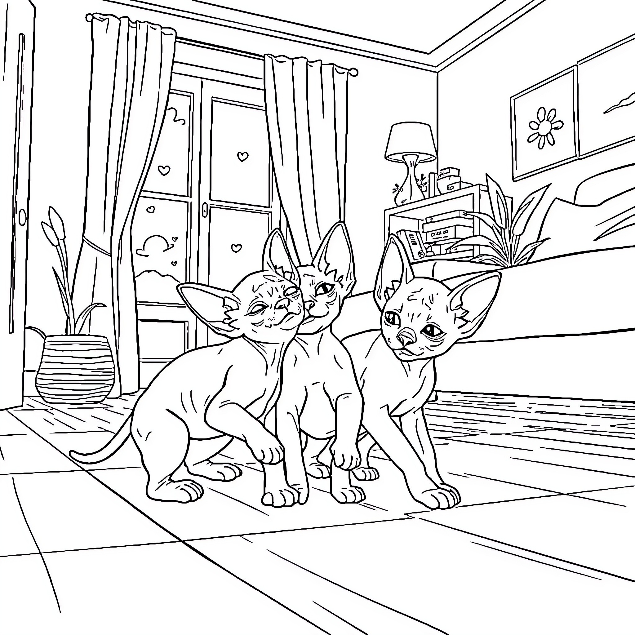 Sphynx Cats in Cozy Home Interior Coloring Page (free black-and-white line drawing printable PDF for all, from beginners to advanced learners, including children, teens, adults, and seniors)