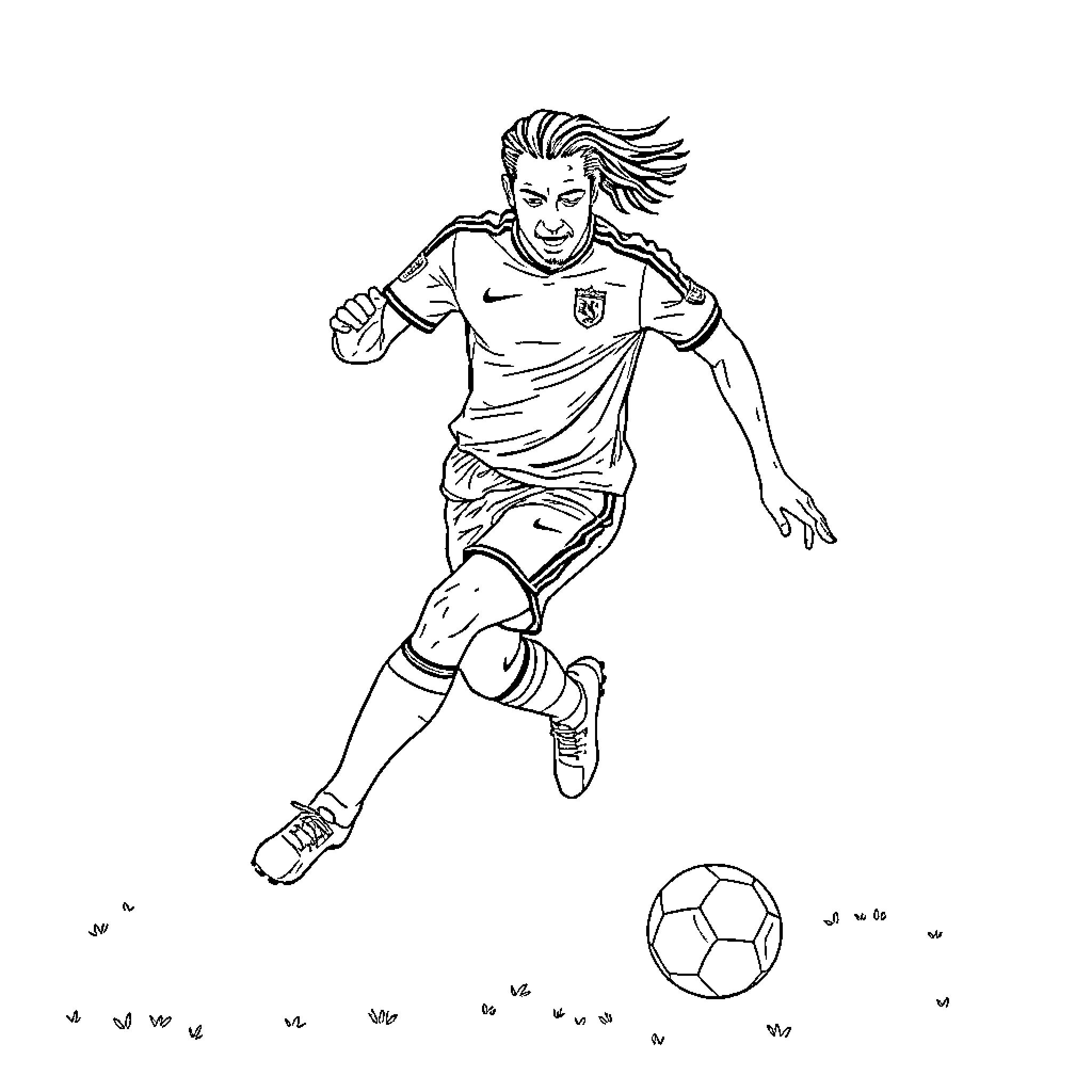 Ronaldinho running with soccer ball Coloring Page (free black-and-white line drawing printable PDF for all, from beginners to advanced learners, including children, teens, adults, and seniors)