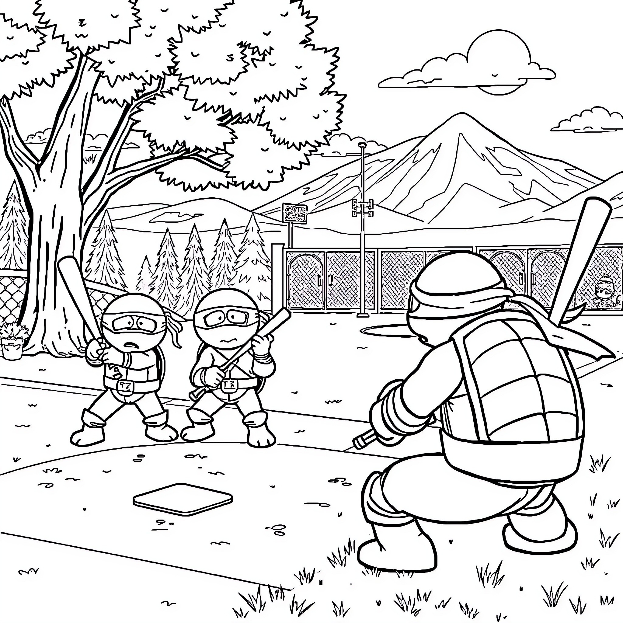 Ninja Turtles playing and exploring in the forest Coloring Page (free black-and-white line drawing printable PDF for all, from beginners to advanced learners, including children, teens, adults, and seniors)