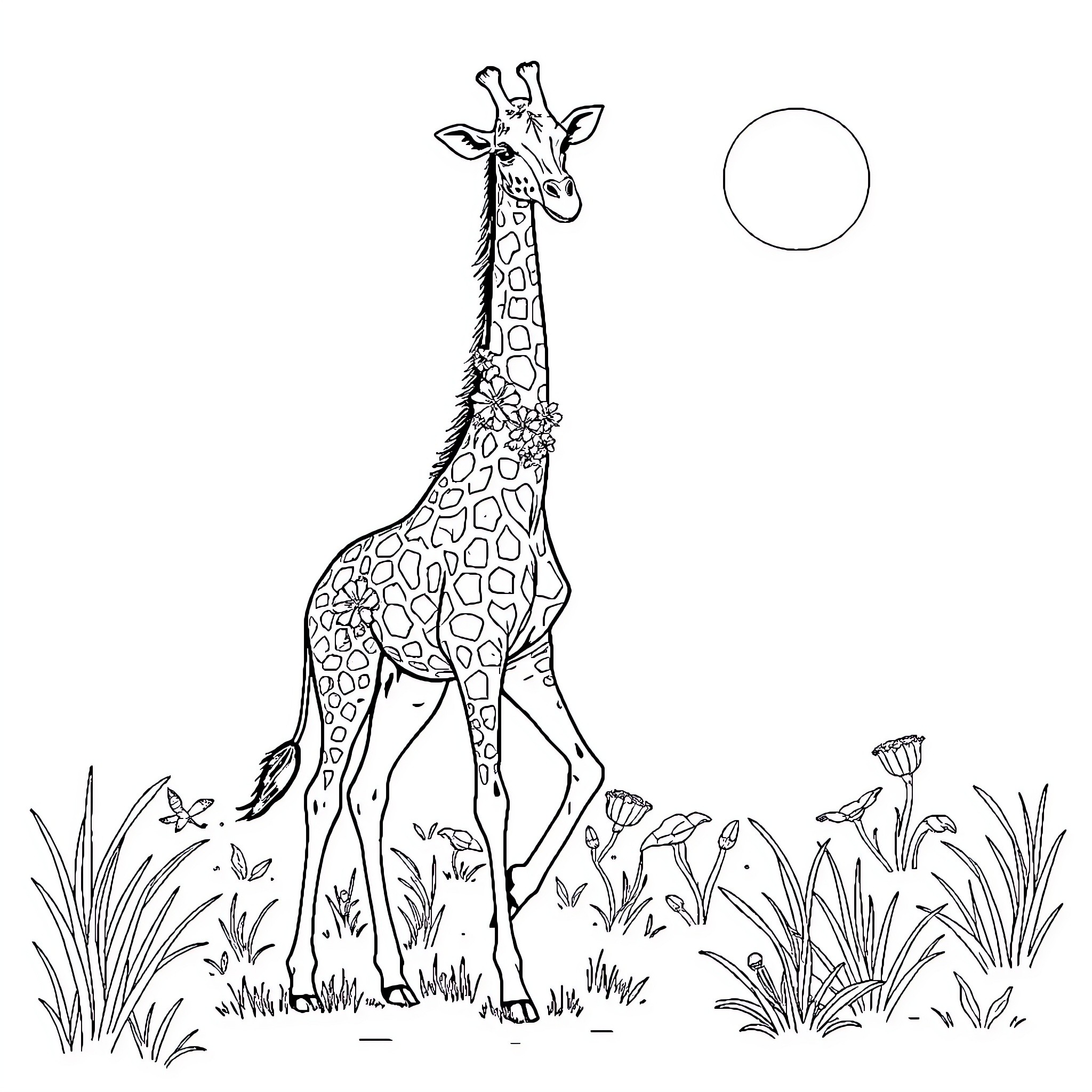 Giraffe standing tall in the wilderness Coloring Page (free black-and-white line drawing printable PDF for all, from beginners to advanced learners, including children, teens, adults, and seniors)