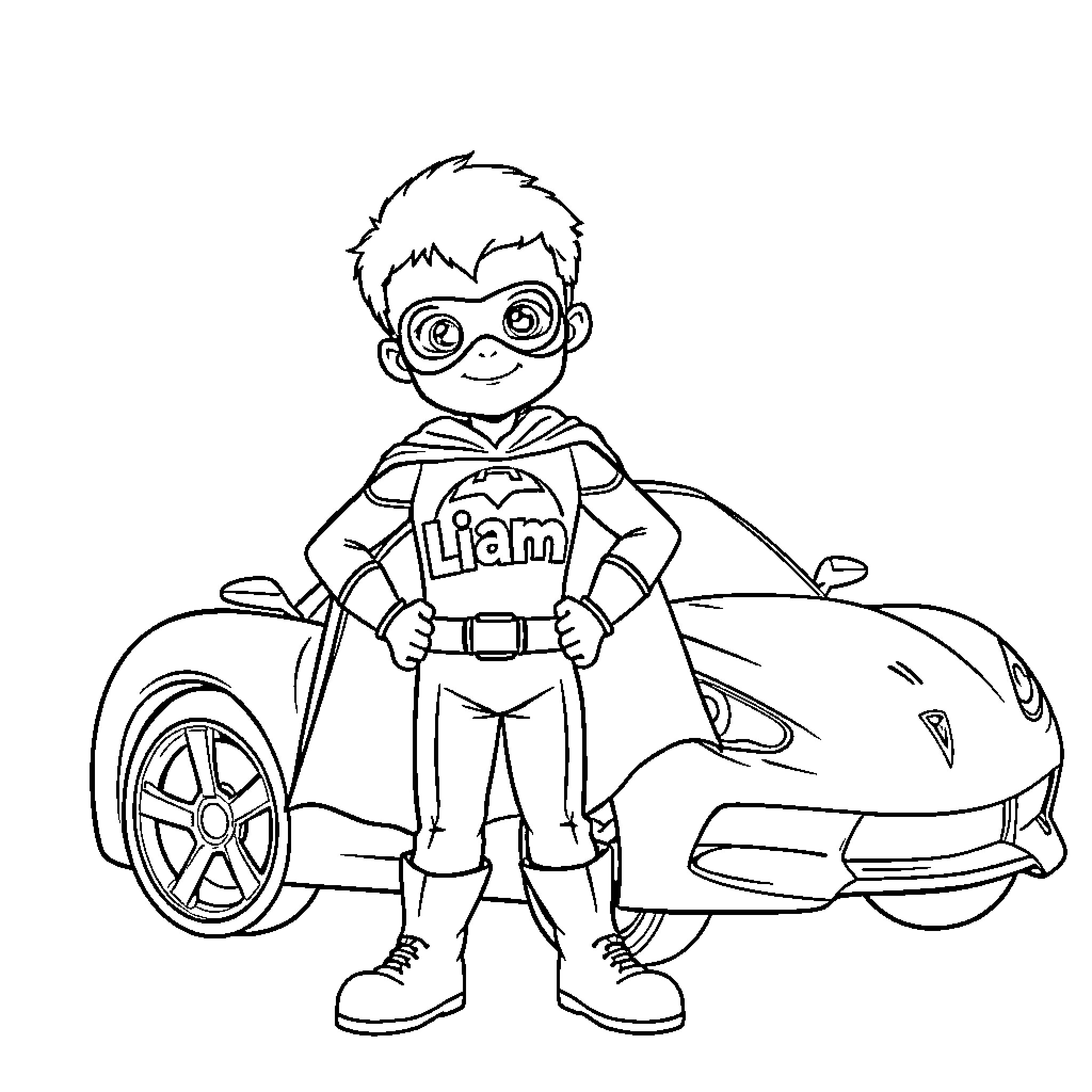 Superhero Kid Playing with Toy Car Coloring Page (free black-and-white line drawing printable PDF for all, from beginners to advanced learners, including children, teens, adults, and seniors)