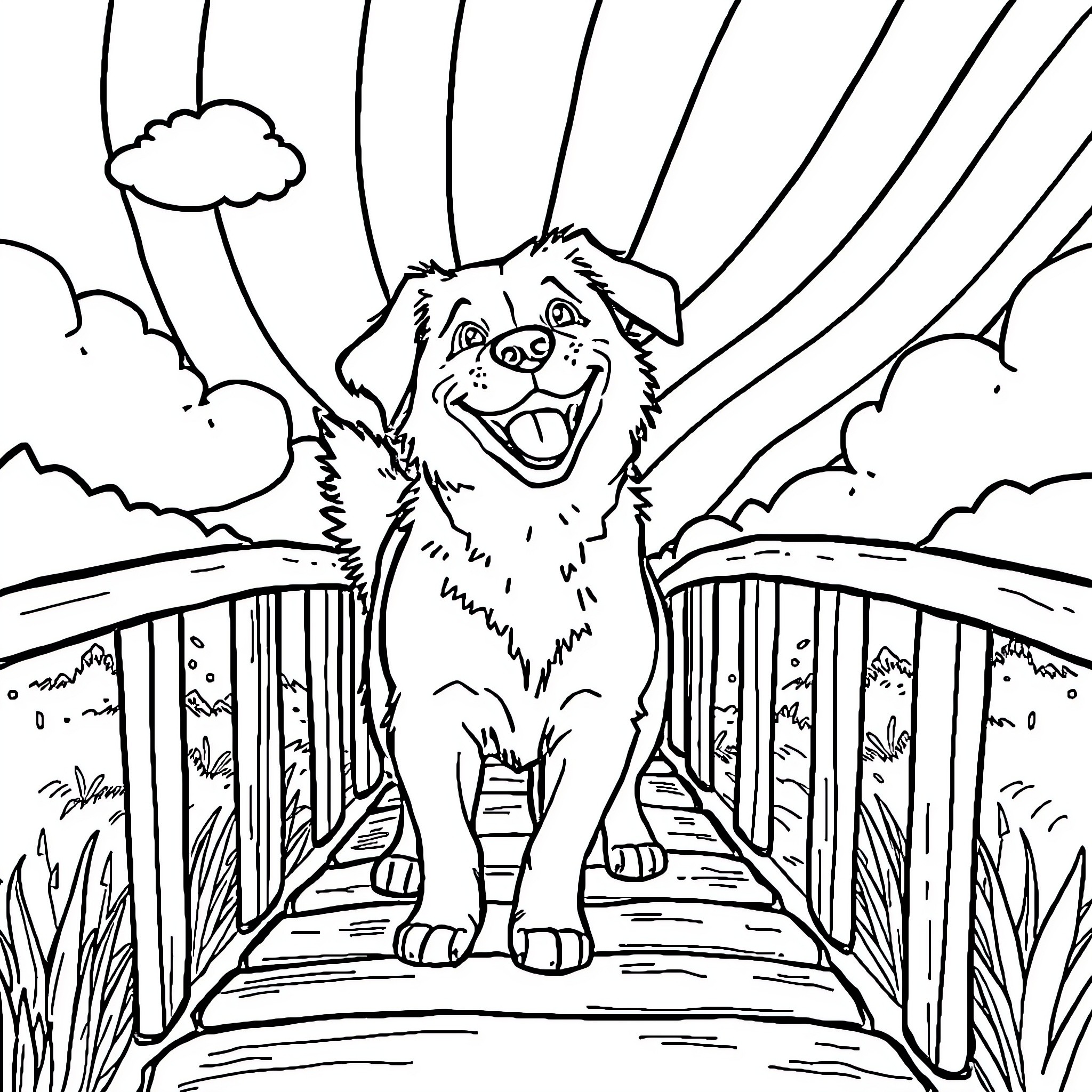 Dog enjoying the outdoors on a bridge Coloring Page (free black-and-white line drawing printable PDF for all, from beginners to advanced learners, including children, teens, adults, and seniors)