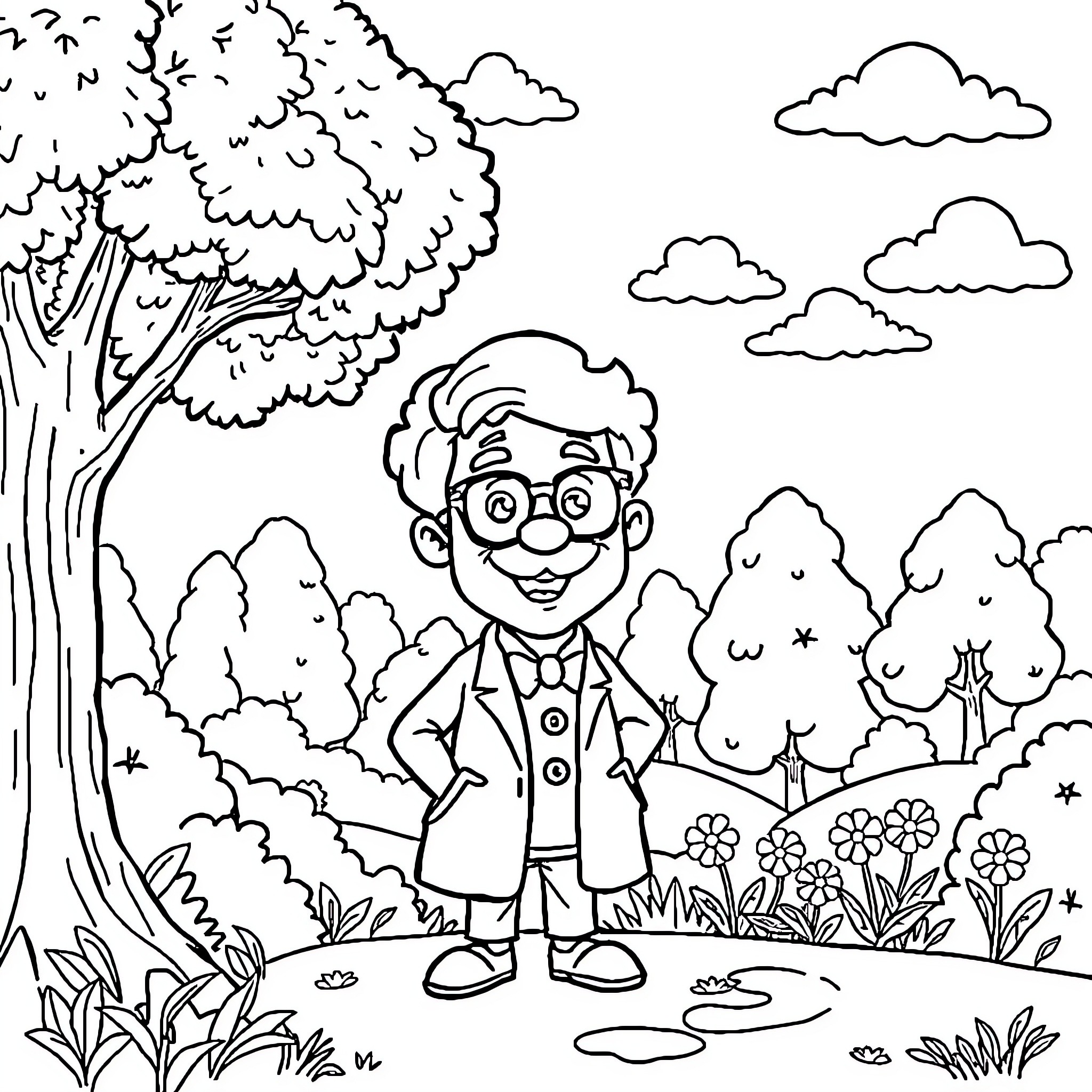 Professor Oak exploring the natural environment Coloring Page (free black-and-white line drawing printable PDF for all, from beginners to advanced learners, including children, teens, adults, and seniors)