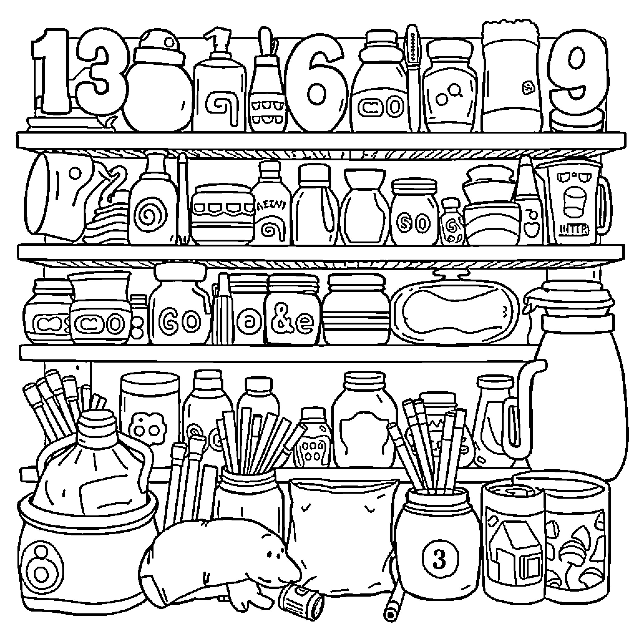 Number Variety of Household Items and Supplies Coloring Page (free black-and-white line drawing printable PDF for all, from beginners to advanced learners, including children, teens, adults, and seniors)