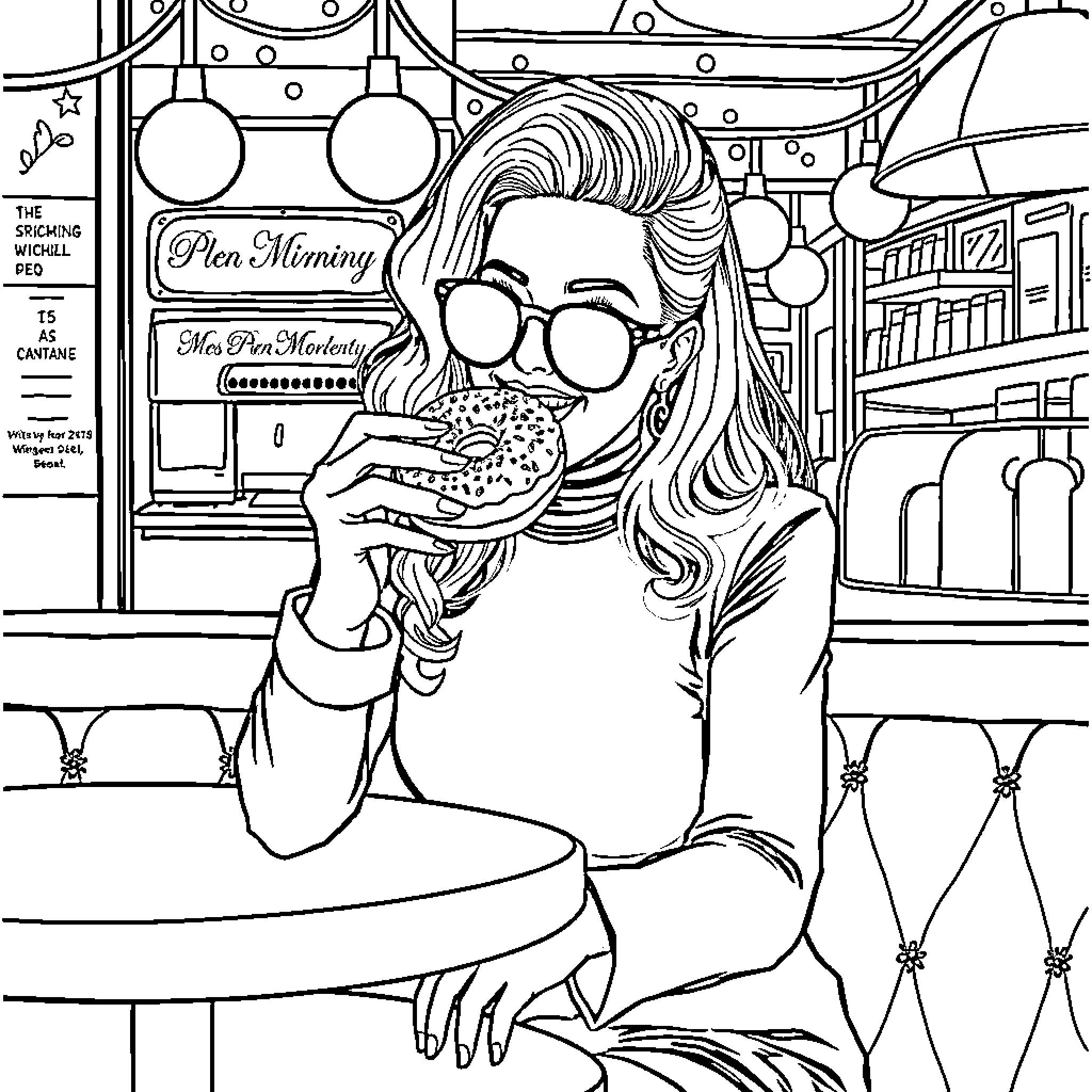 Lady Gaga enjoying a cupcake in a cafe setting Coloring Page (free black-and-white line drawing printable PDF for all, from beginners to advanced learners, including children, teens, adults, and seniors)