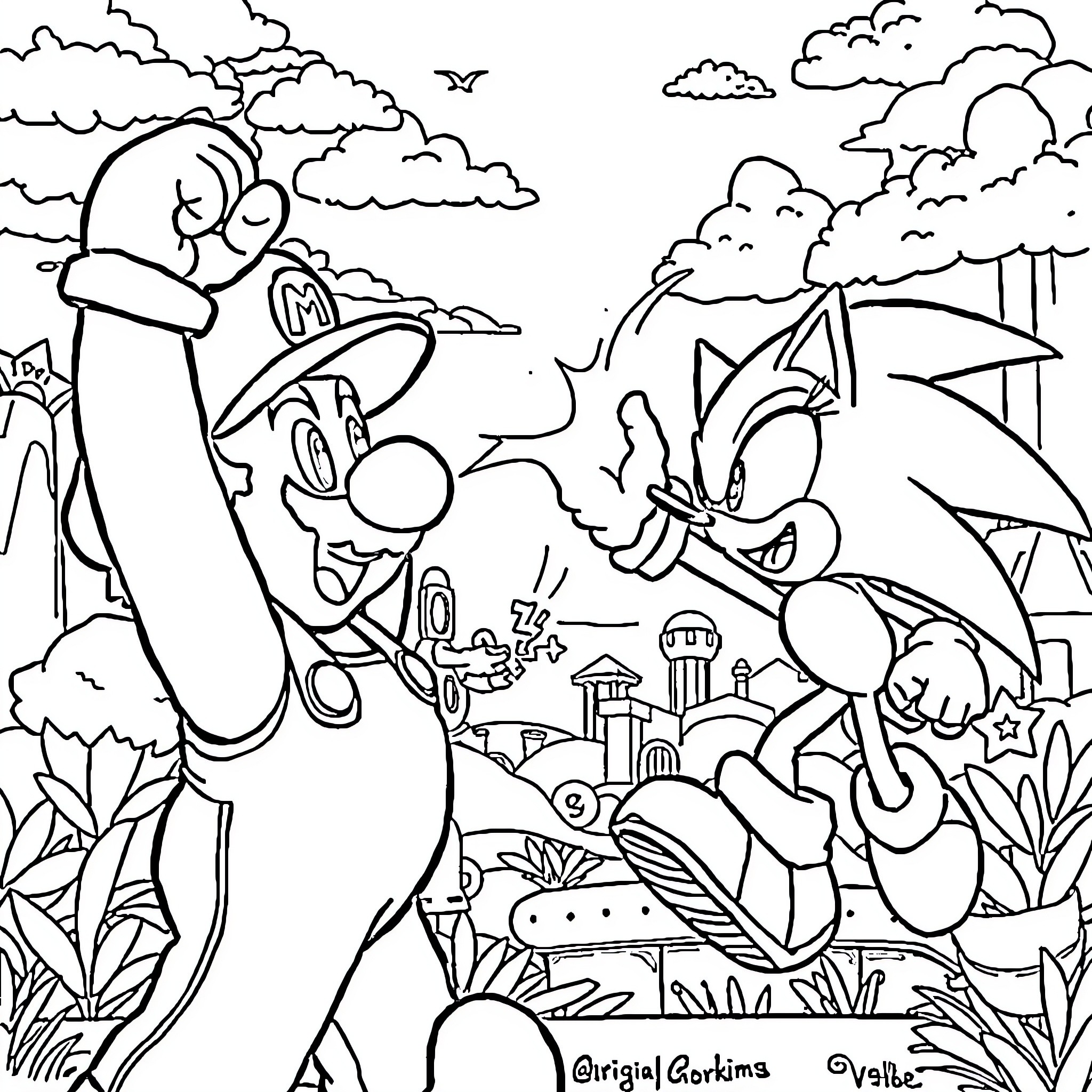 Mario and Sonic's Adventurous Outdoor Excursion Coloring Page (free black-and-white line drawing printable PDF for all, from beginners to advanced learners, including children, teens, adults, and seniors)